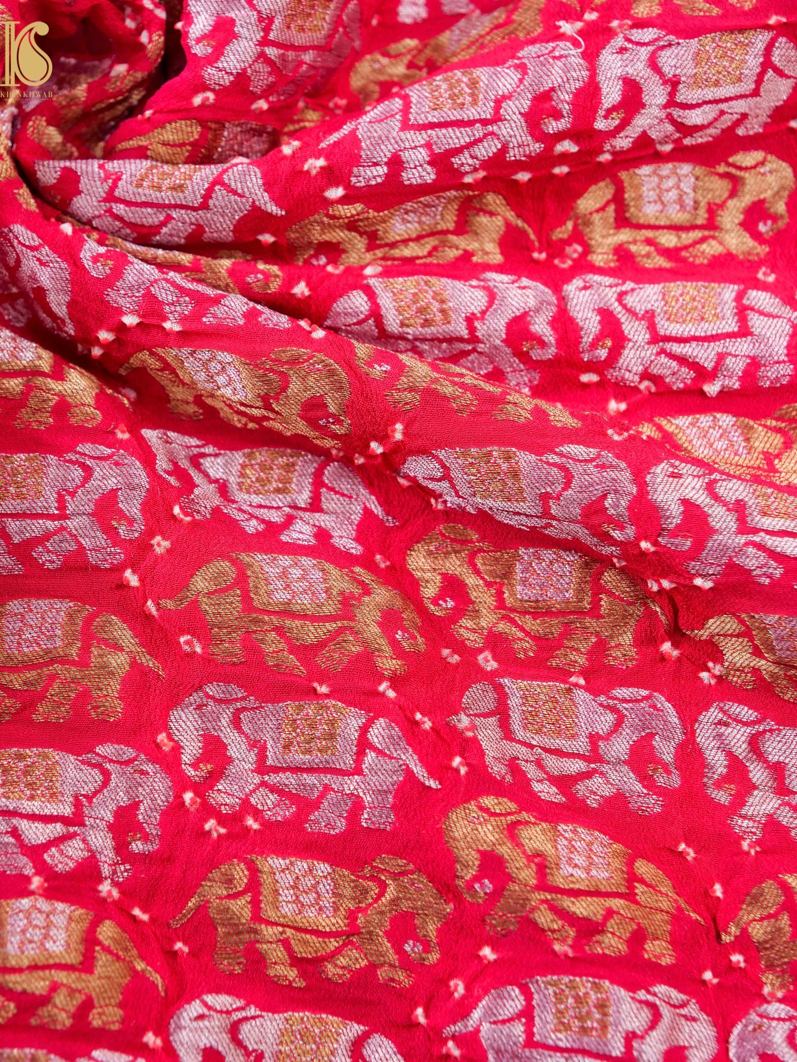 Red Pure Georgette Handloom Banarasi Bandhani Fabric
