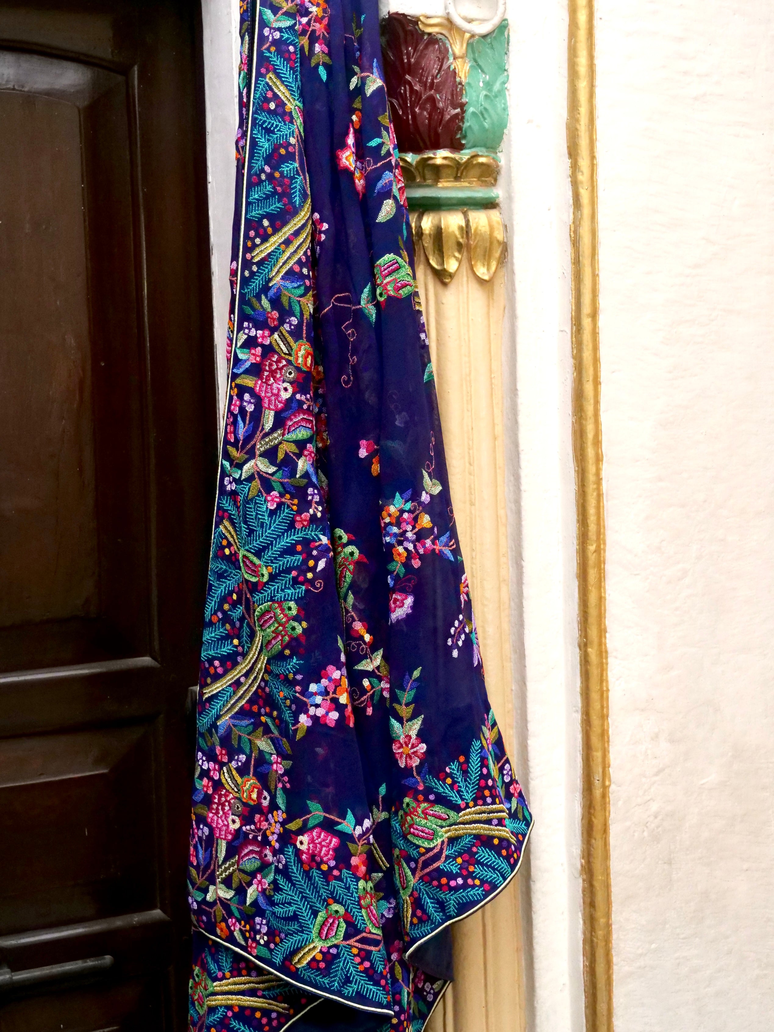 Petit Point Hand Embriodery Georgette Dupatta in Navy