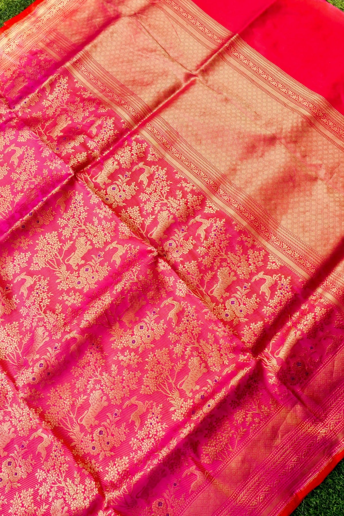 Handloom Banarasi Katan Silk Kadwa Zari Vasket Shikargah Saree