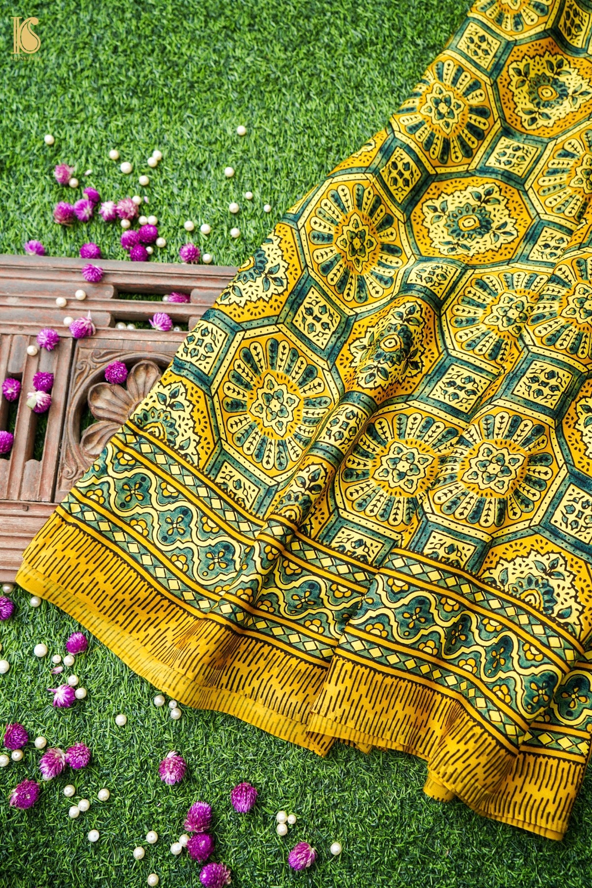 Modal Silk Ajrakh Hand Block Octagon Medallion Saree in Mustard Yellow