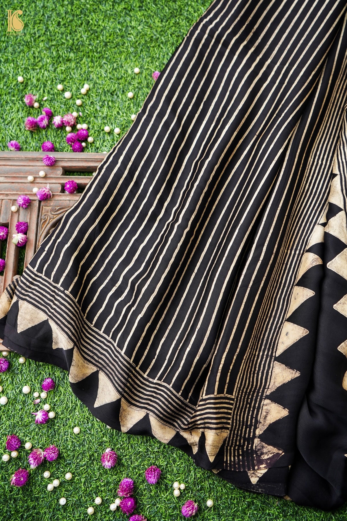Modal Silk Ajrakh Hand Block Medallion Stripe Saree in Black