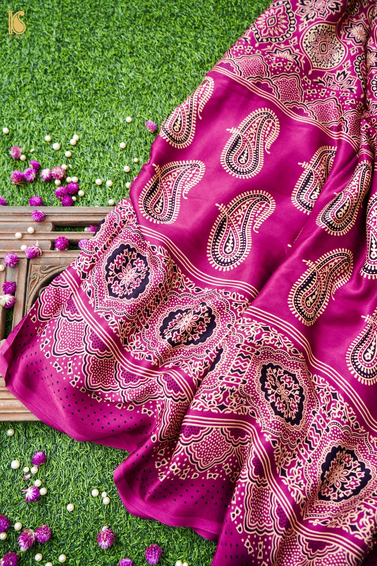 Modal Silk Ajrakh Hand Block Kalgha Saree in Hot Pink