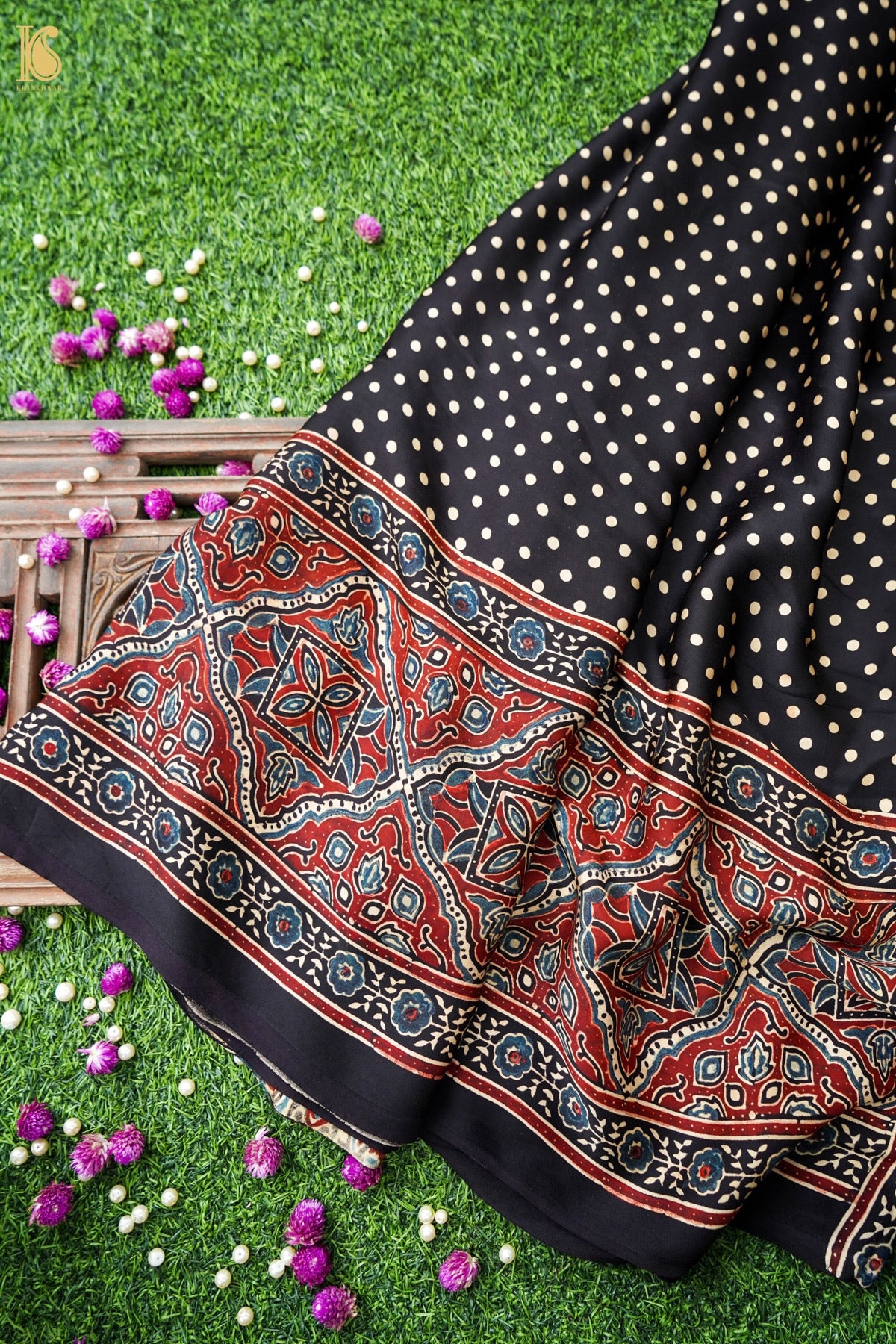 Modal Silk Ajrakh Hand Block Fardi Buti Banarasi Saree in Black