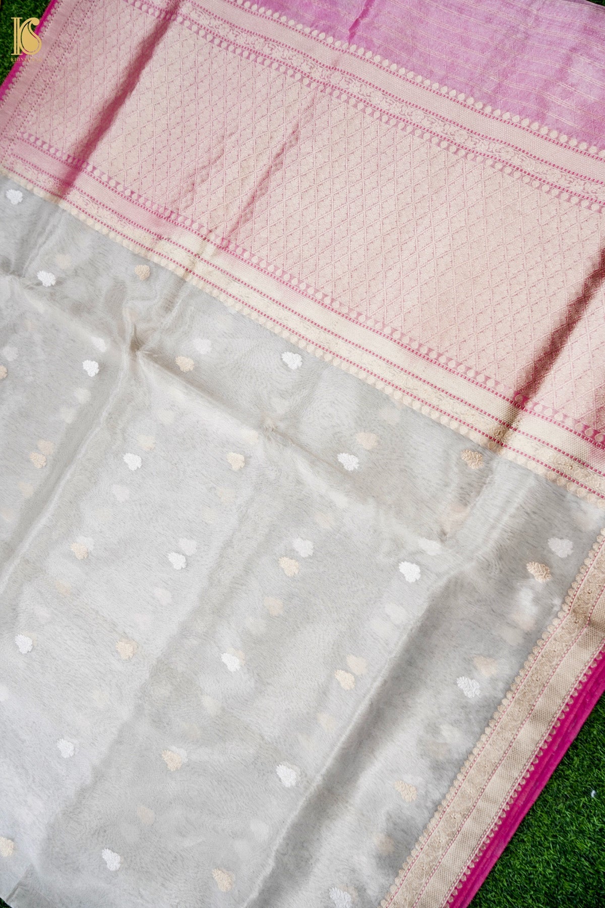 Pure Tissue Silk Alfi Buti Banarasi Saree in Silver Off White