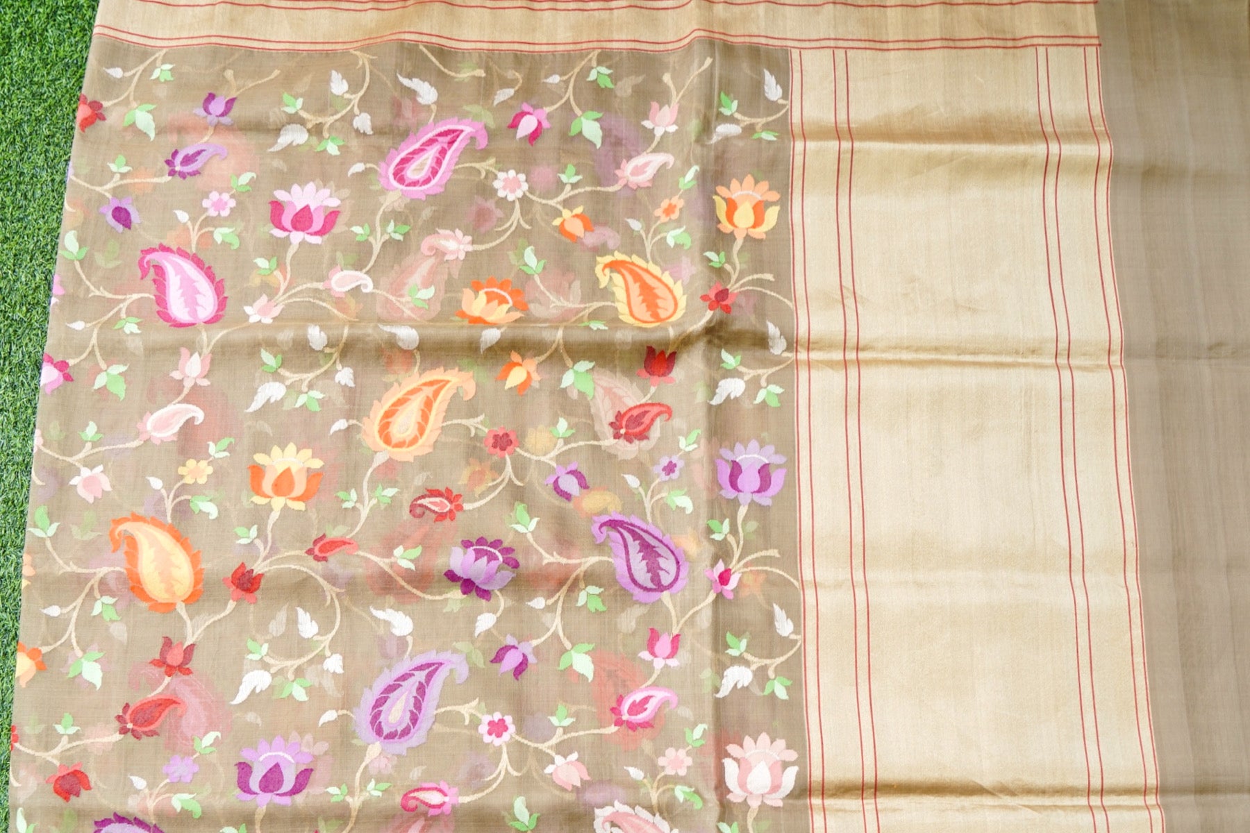 Banarasi Kora Cotton Ektara Kadwa Jaal Handwoven Saree in Warm Khaki