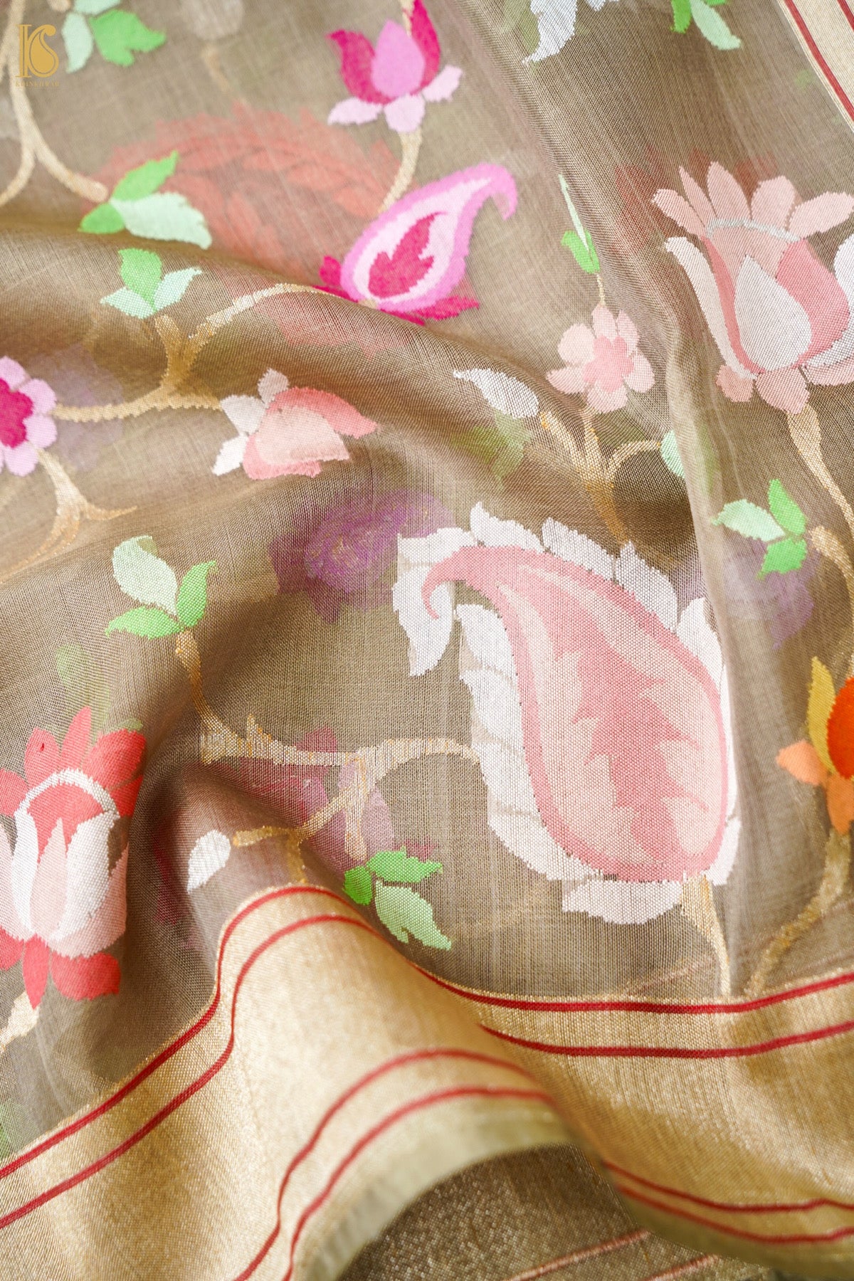 Banarasi Kora Cotton Ektara Kadwa Jaal Handwoven Saree in Warm Khaki