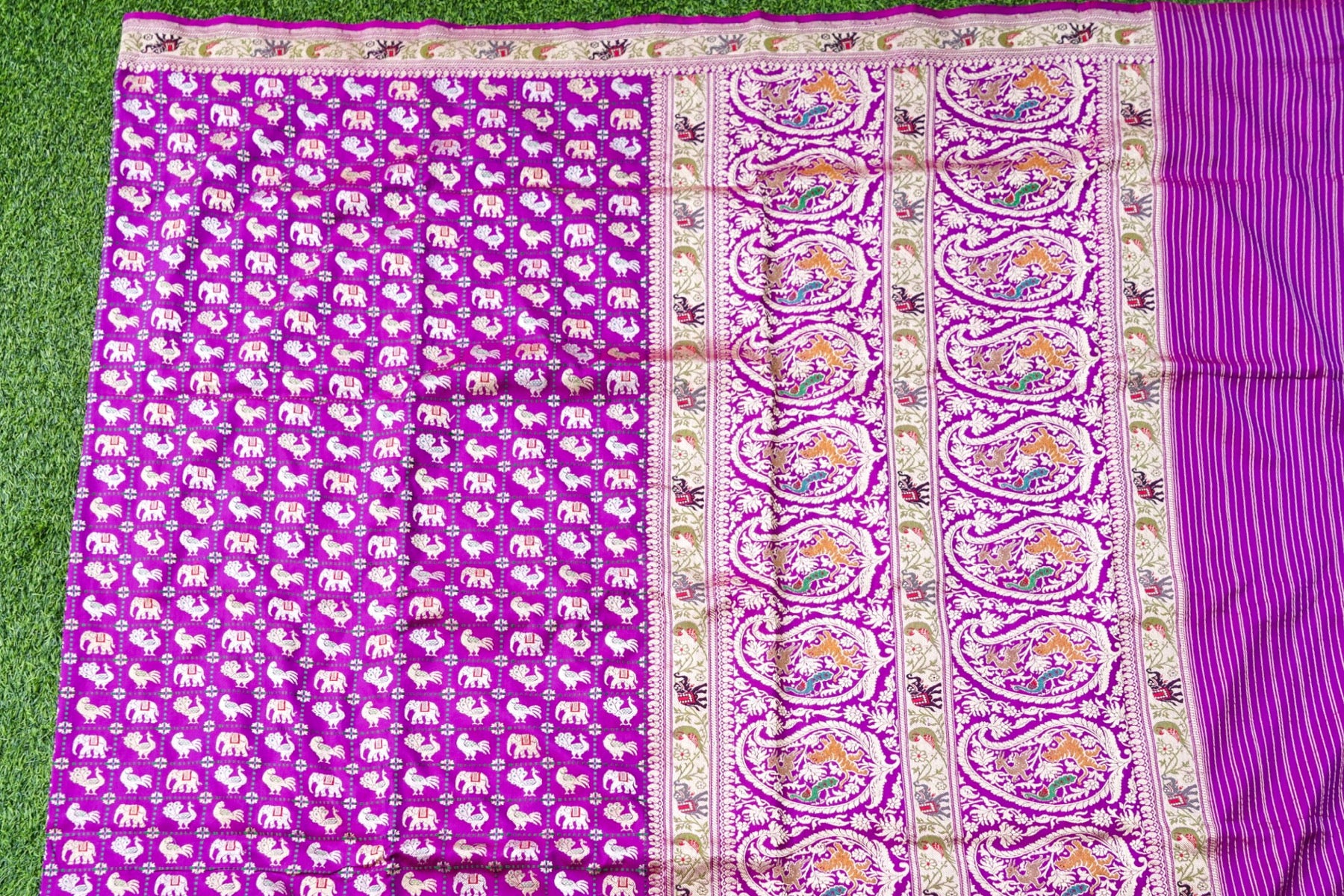 Pure Katan Silk Shikargah Charkhana Animal Motif Banarasi Saree in Deep Magenta