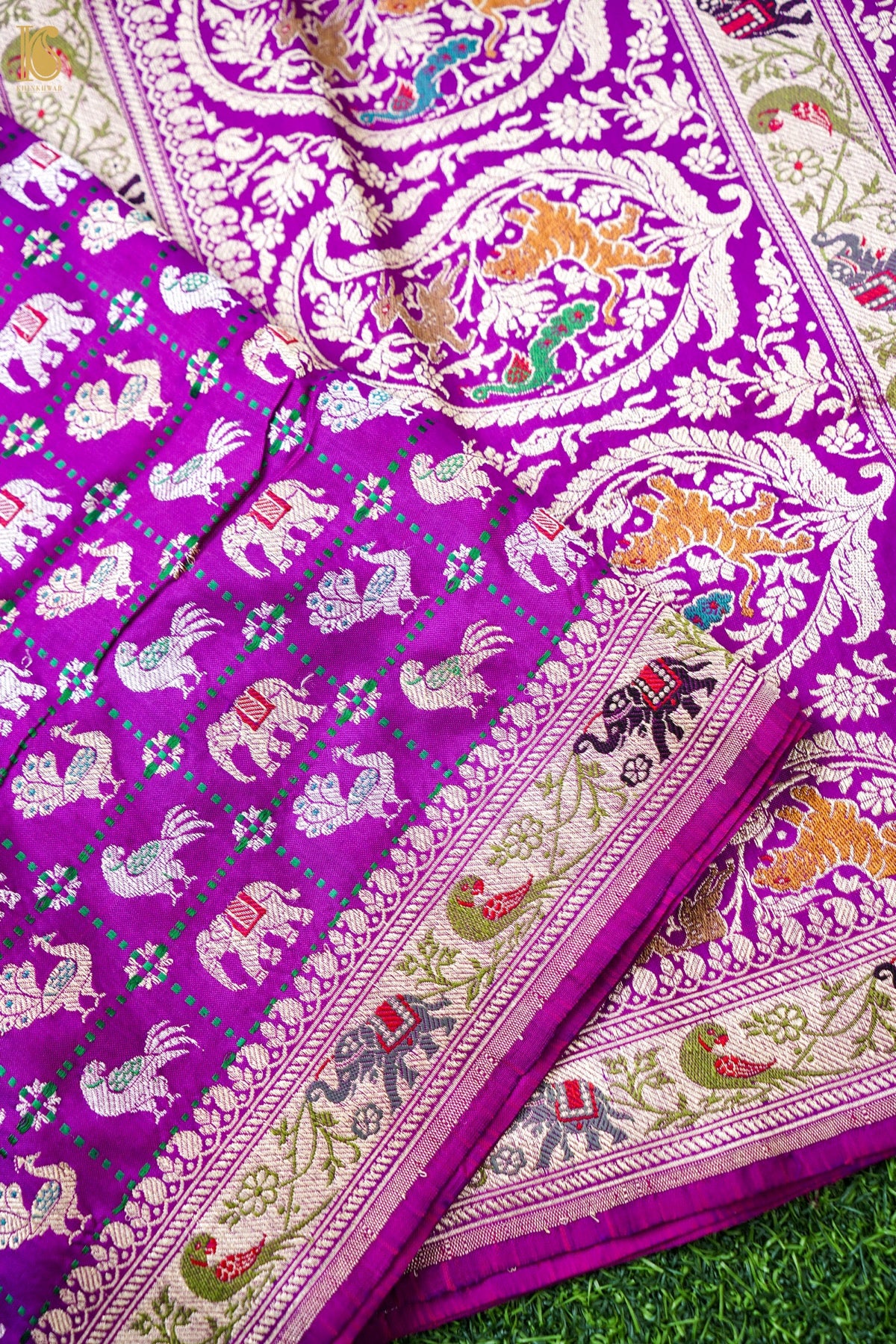 Pure Katan Silk Shikargah Charkhana Animal Motif Banarasi Saree in Deep Magenta
