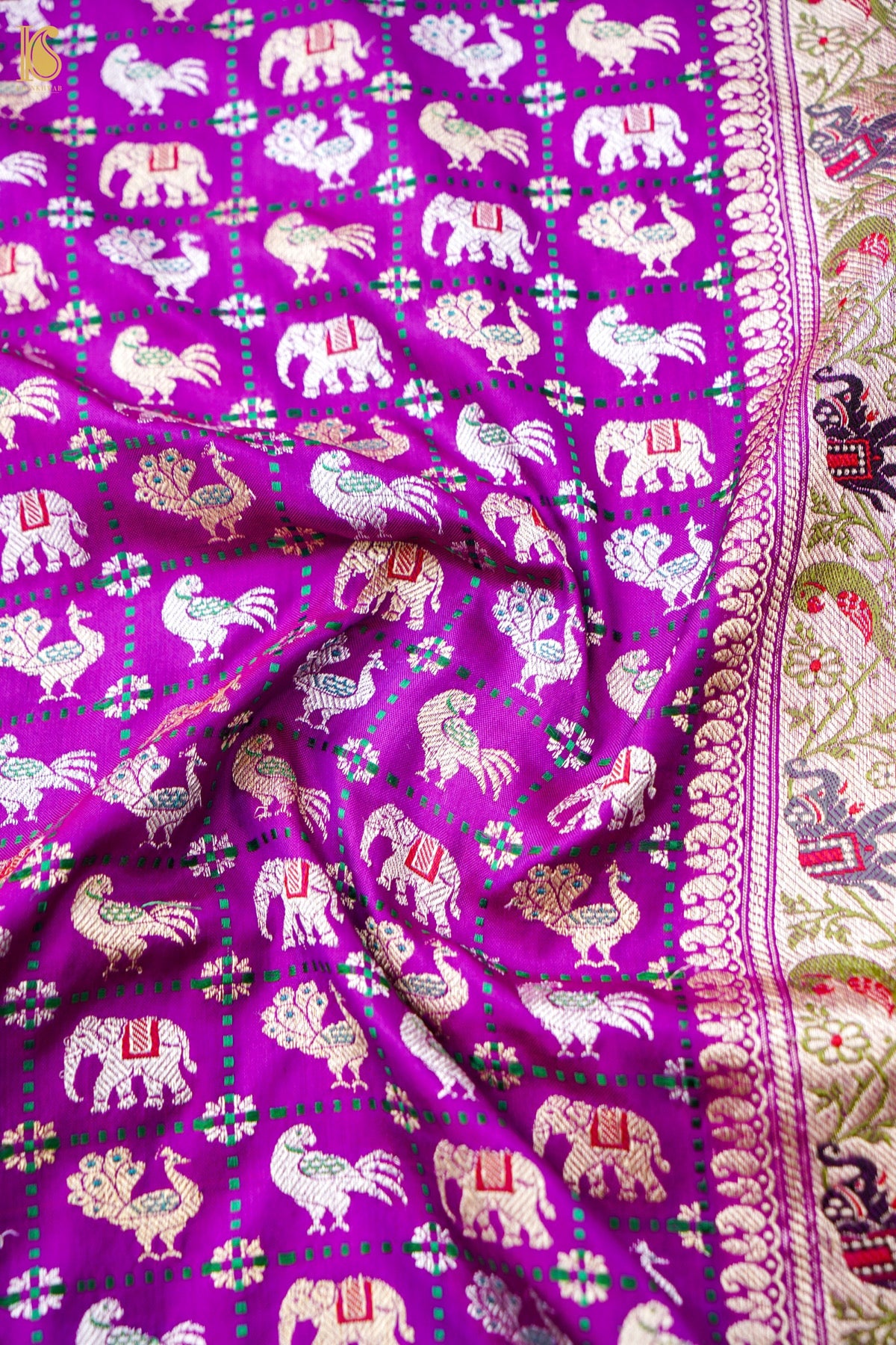 Pure Katan Silk Shikargah Charkhana Animal Motif Banarasi Saree in Deep Magenta