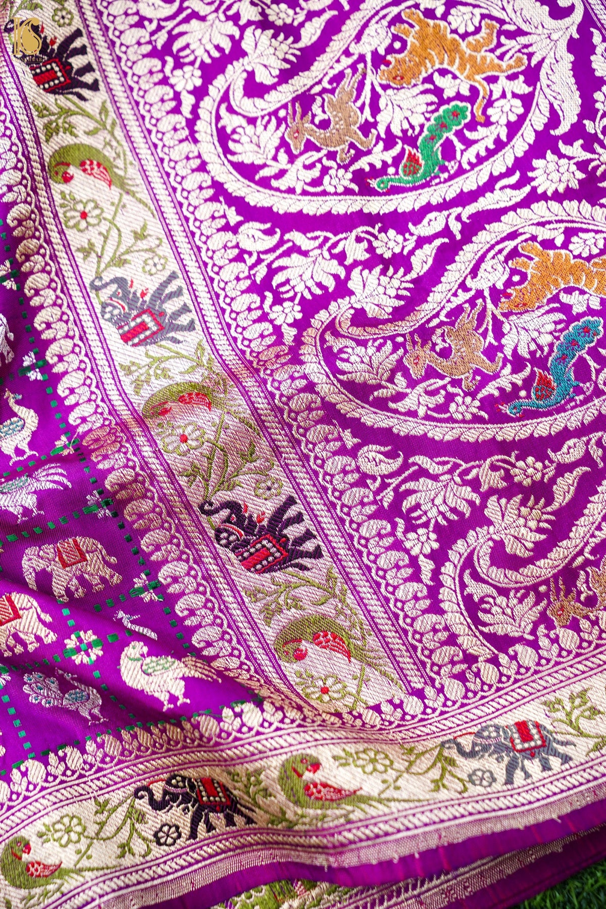 Pure Katan Silk Shikargah Charkhana Animal Motif Banarasi Saree in Deep Magenta