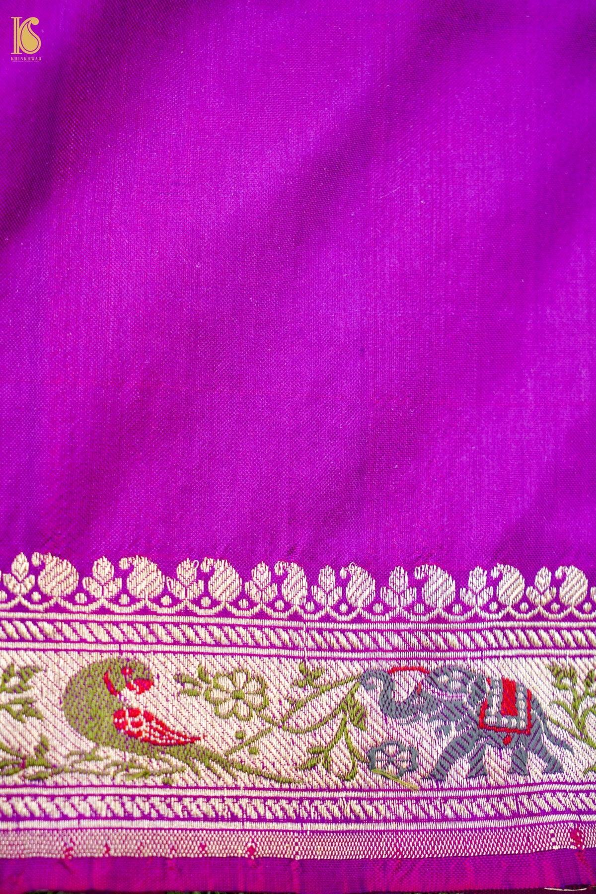 Pure Katan Silk Shikargah Charkhana Animal Motif Banarasi Saree in Deep Magenta