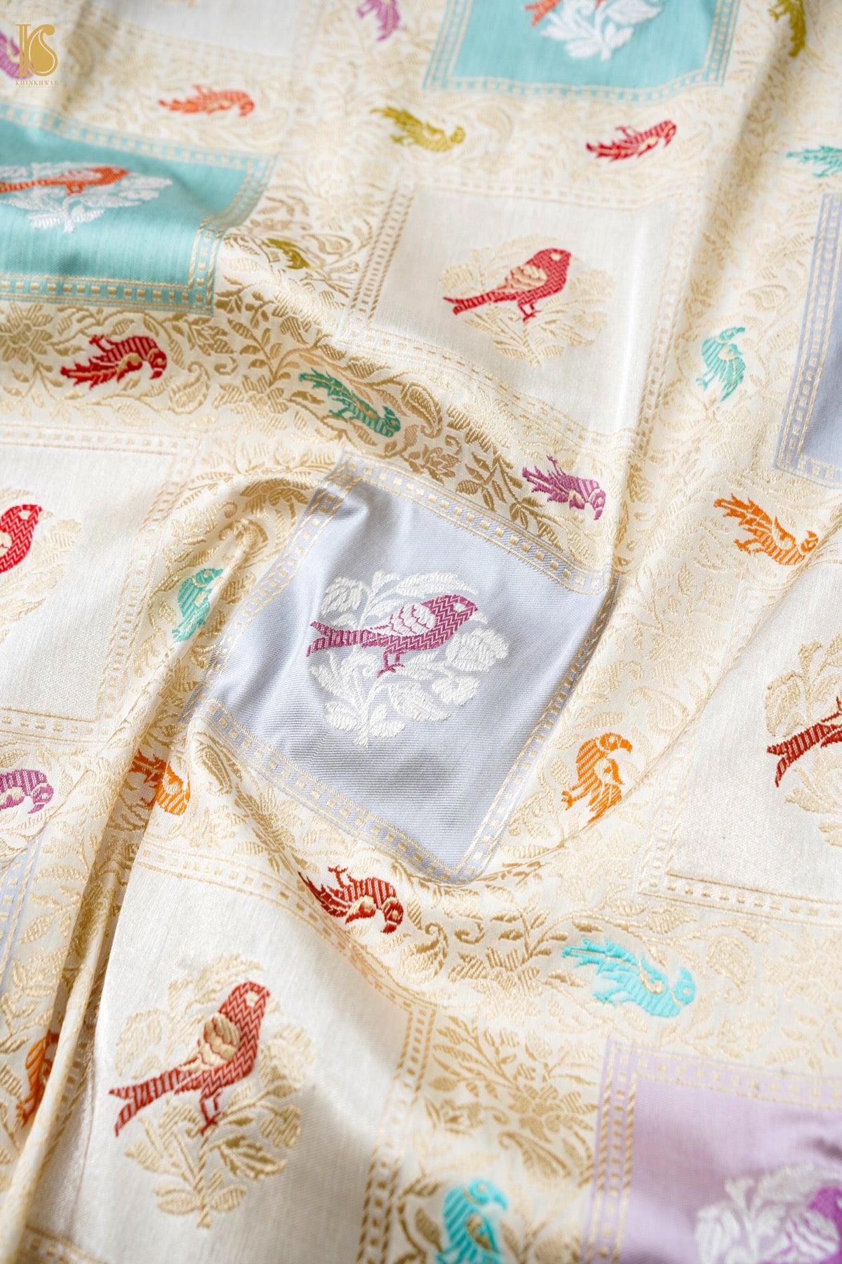 Pure Katan Silk Rangkat Meenakari Parrot Buti Banarasi Saree in Lilac Ivory
