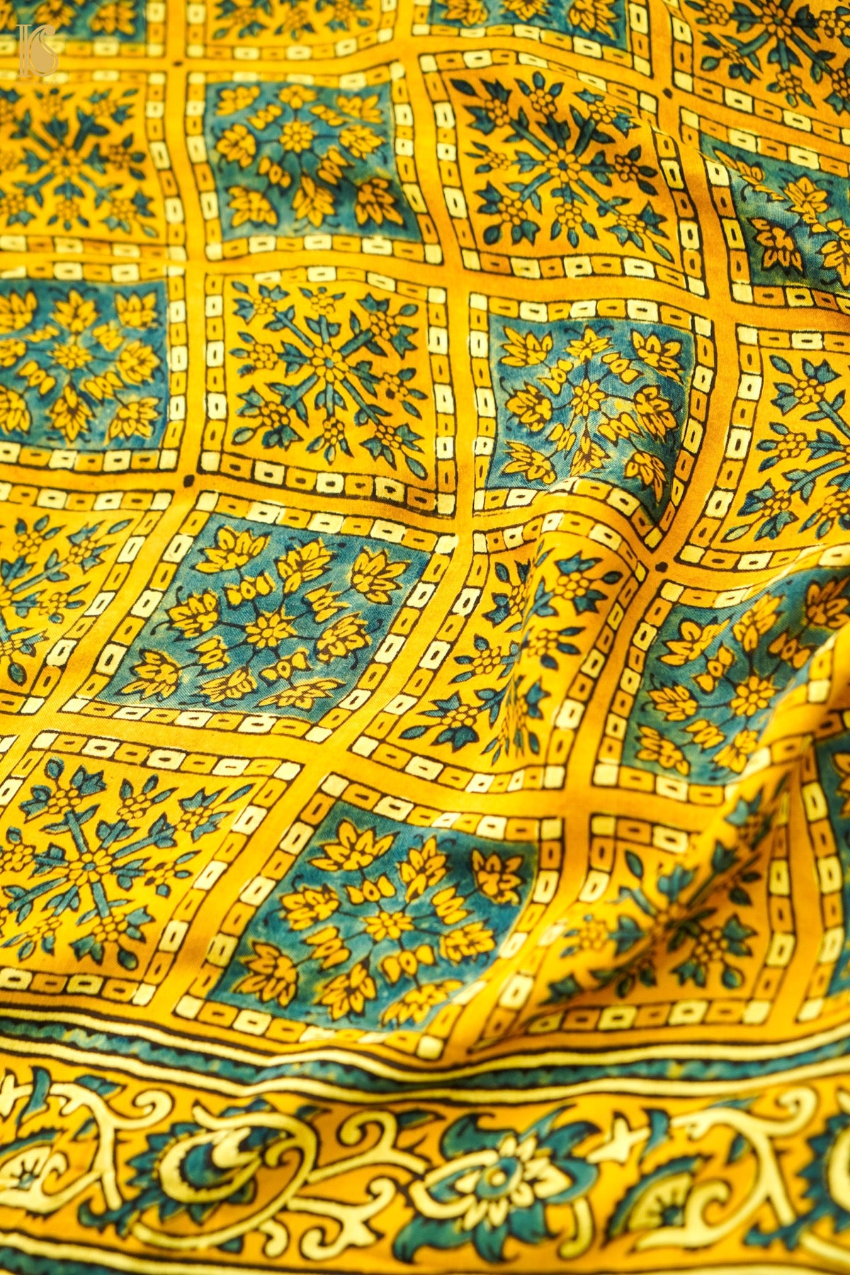 Modal Silk Ajrakh Hand Block Charkhana Banarasi Saree in Mustard Teal