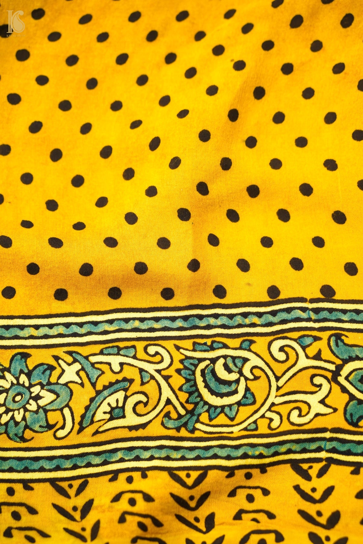 Modal Silk Ajrakh Hand Block Charkhana Banarasi Saree in Mustard Teal