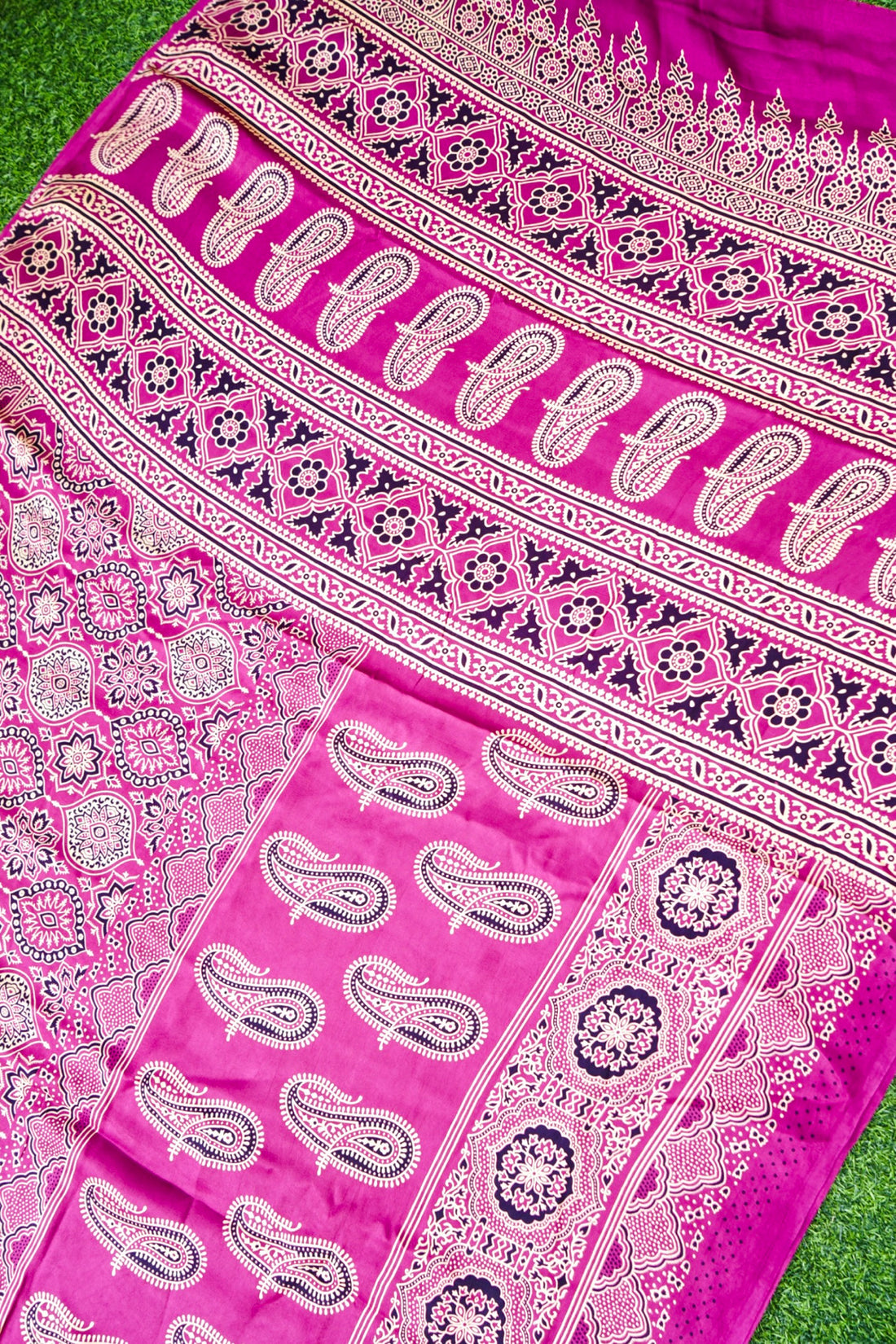 Modal Silk Ajrakh Hand Block Kalgha Saree in Hot Pink