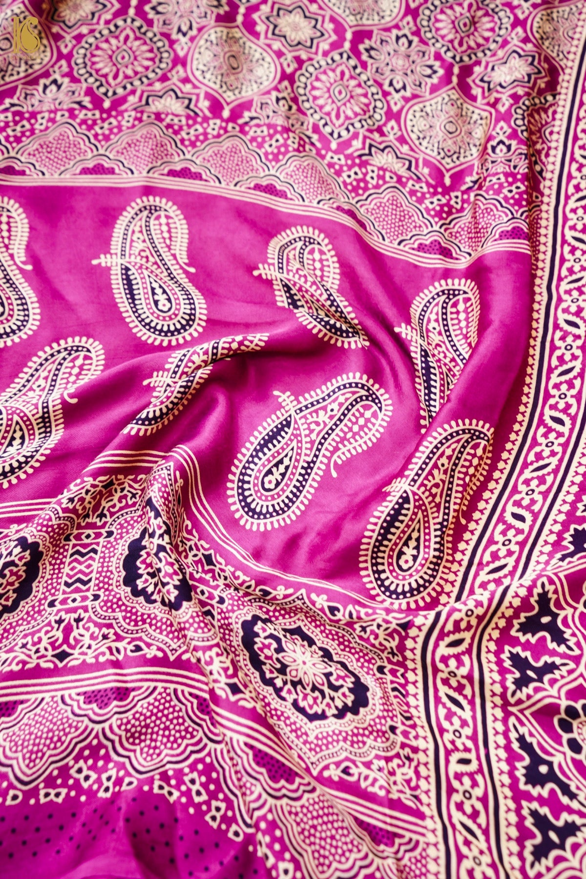 Modal Silk Ajrakh Hand Block Kalgha Saree in Hot Pink