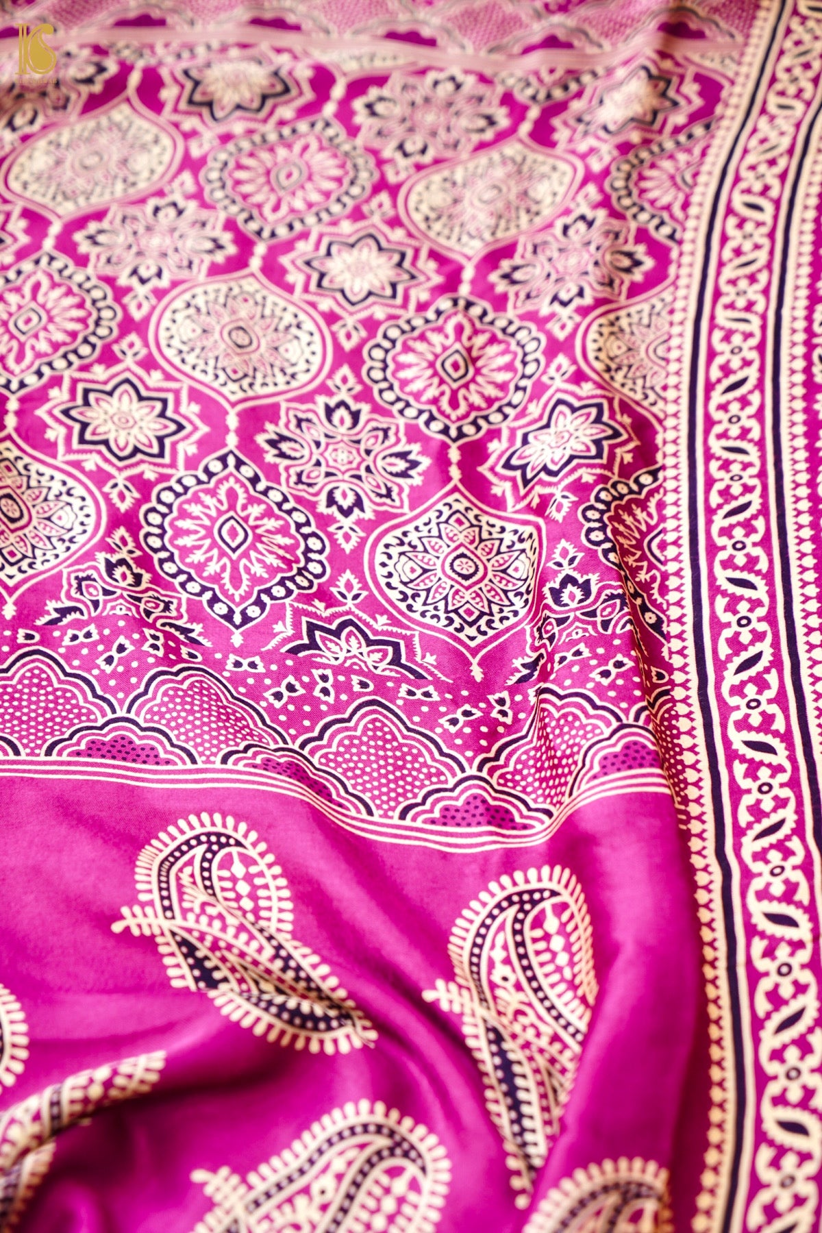 Modal Silk Ajrakh Hand Block Kalgha Saree in Hot Pink