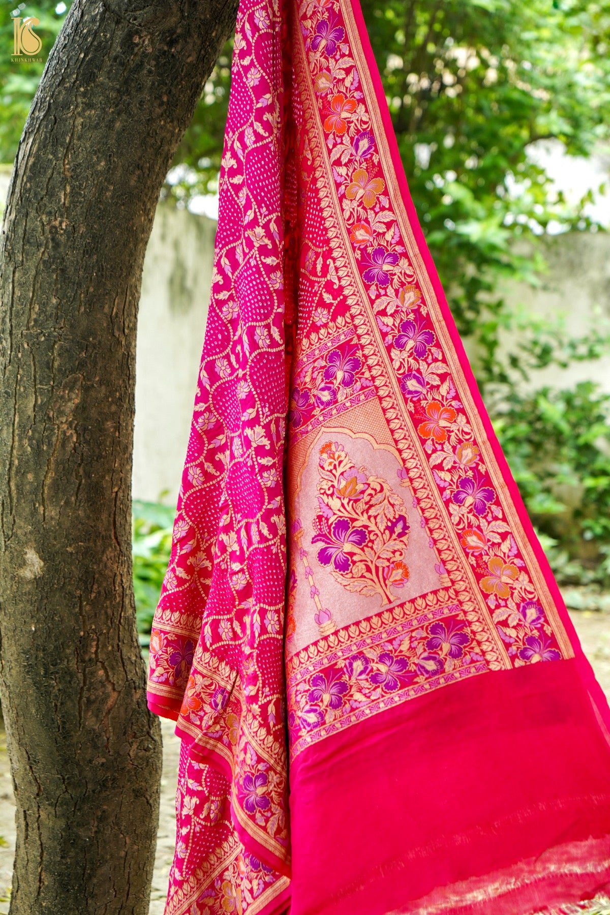 Banarasi Georgette Bandhani Dahlia Dupatta in Hot Pink