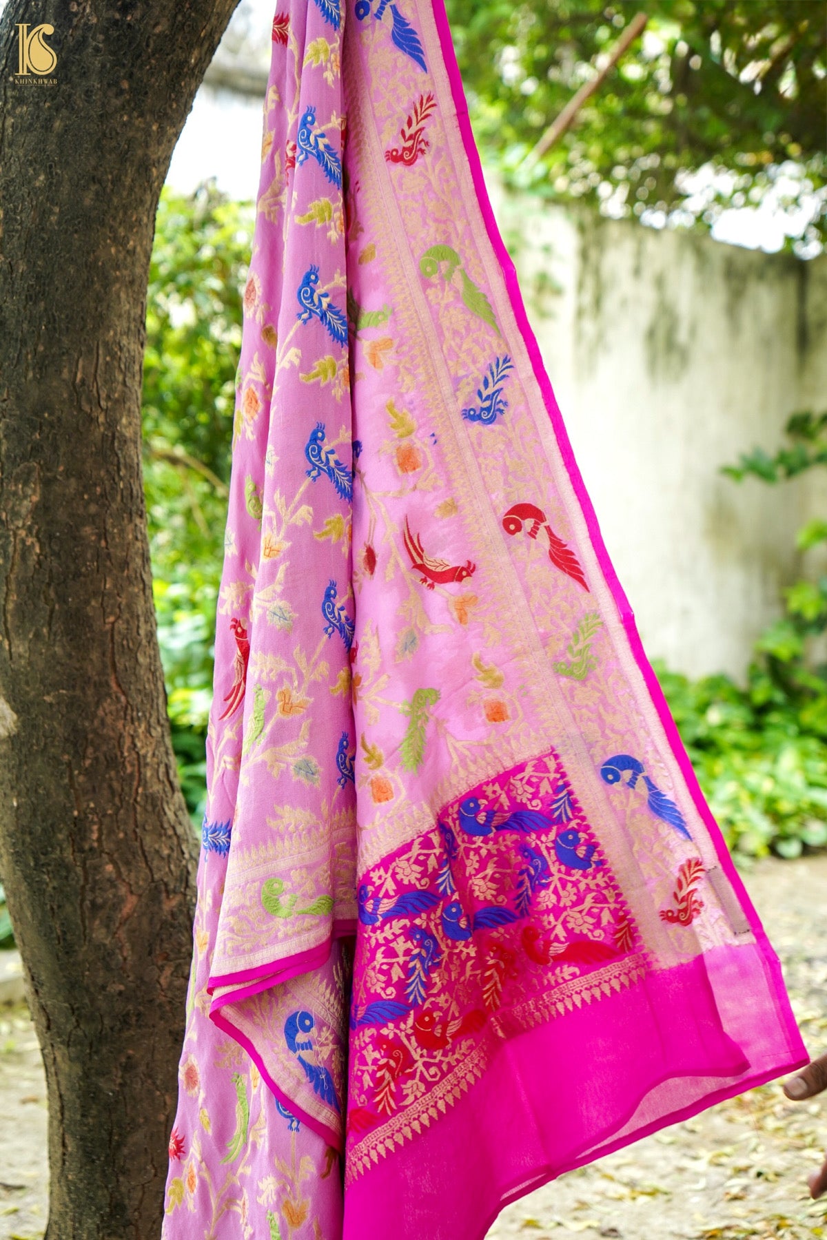 Banarasi Georgette Meenakari Dupatta in Lilac Pink - Birds of Paradise