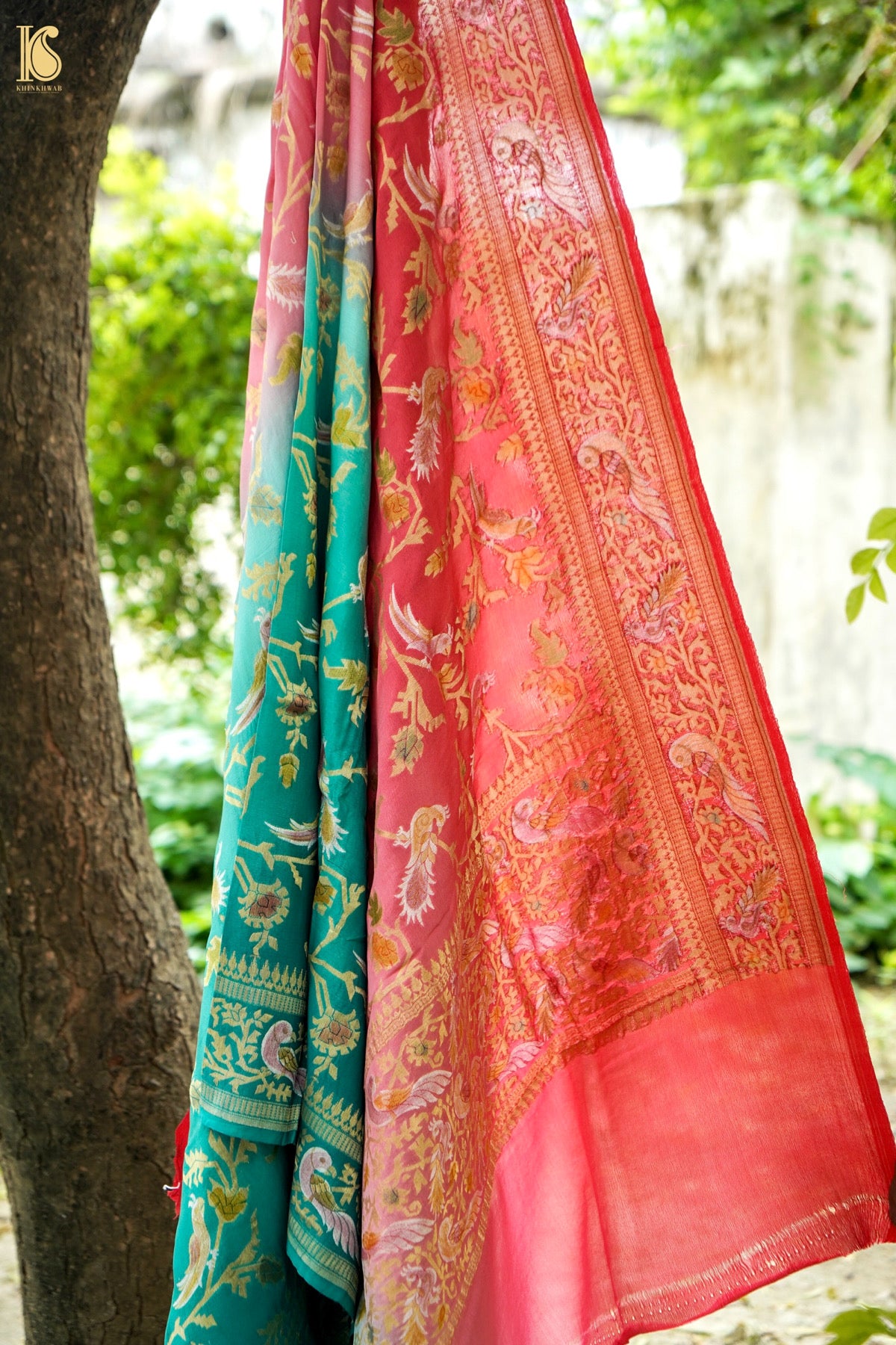 Banarasi Georgette Meenakari Dupatta in Teal and Coral - Birds of Paradise