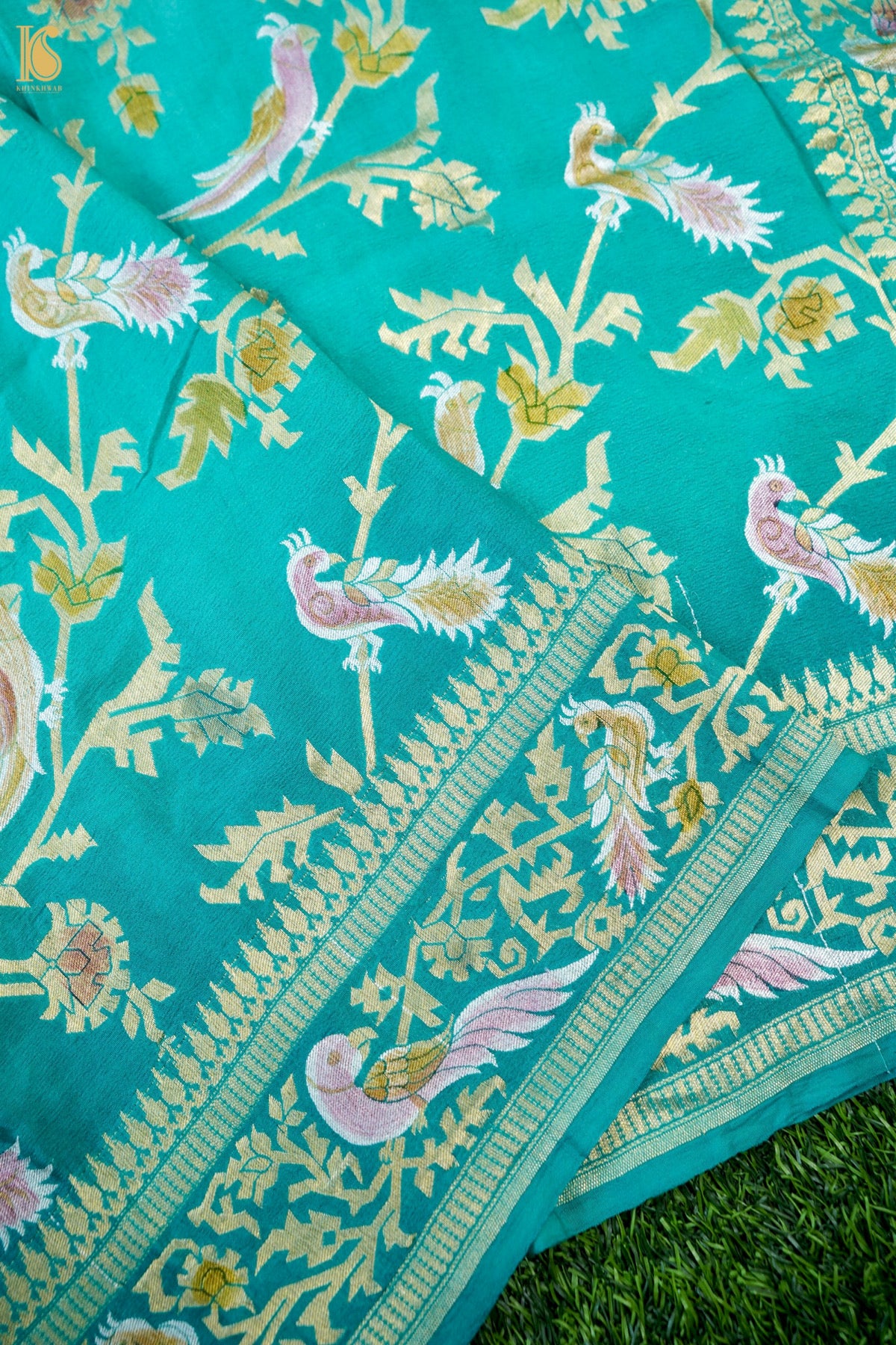 Banarasi Georgette Meenakari Dupatta in Teal and Coral - Birds of Paradise