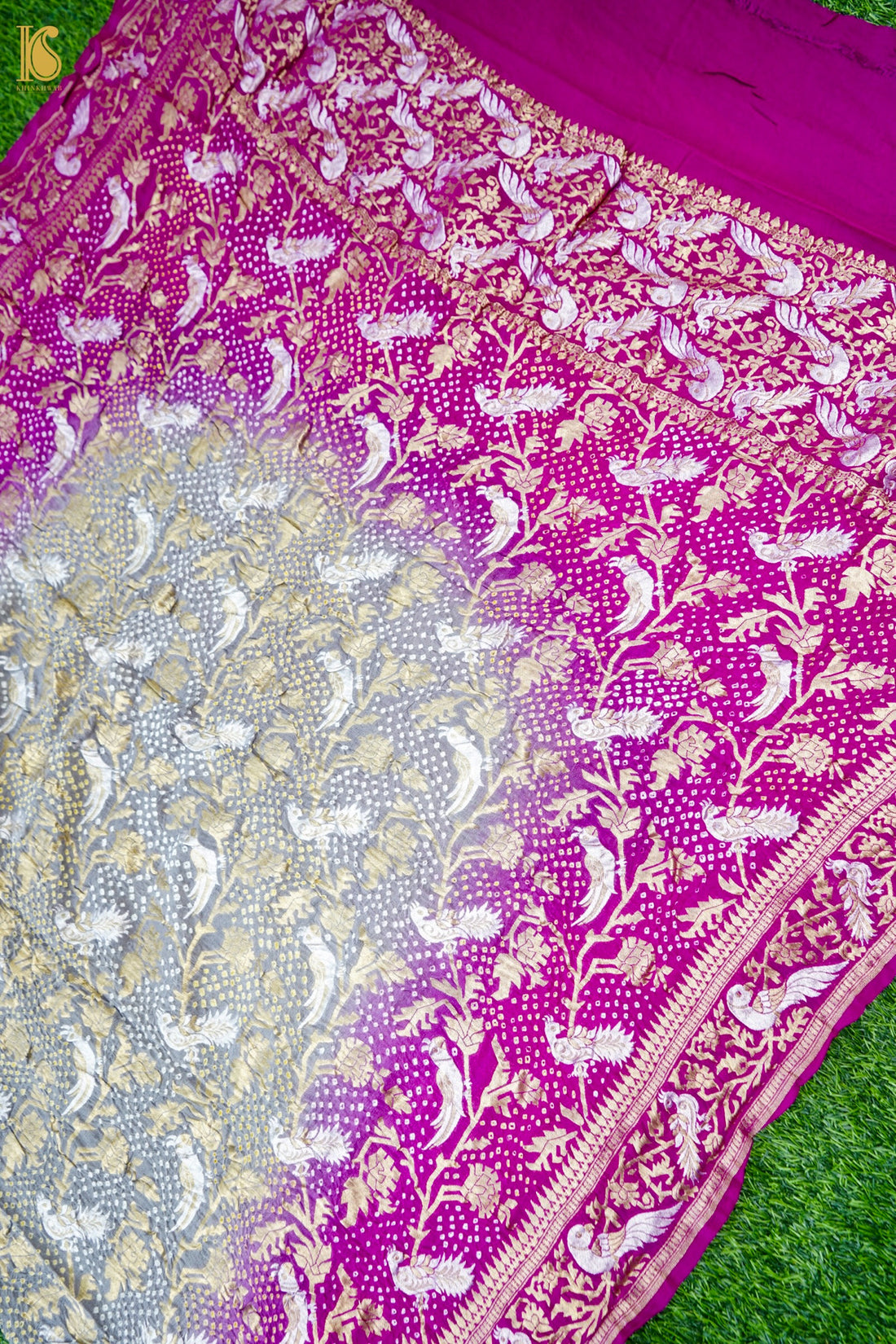 Banarasi Georgette Bandhani Dupatta in Grey and Magenta - Birds of Paradise