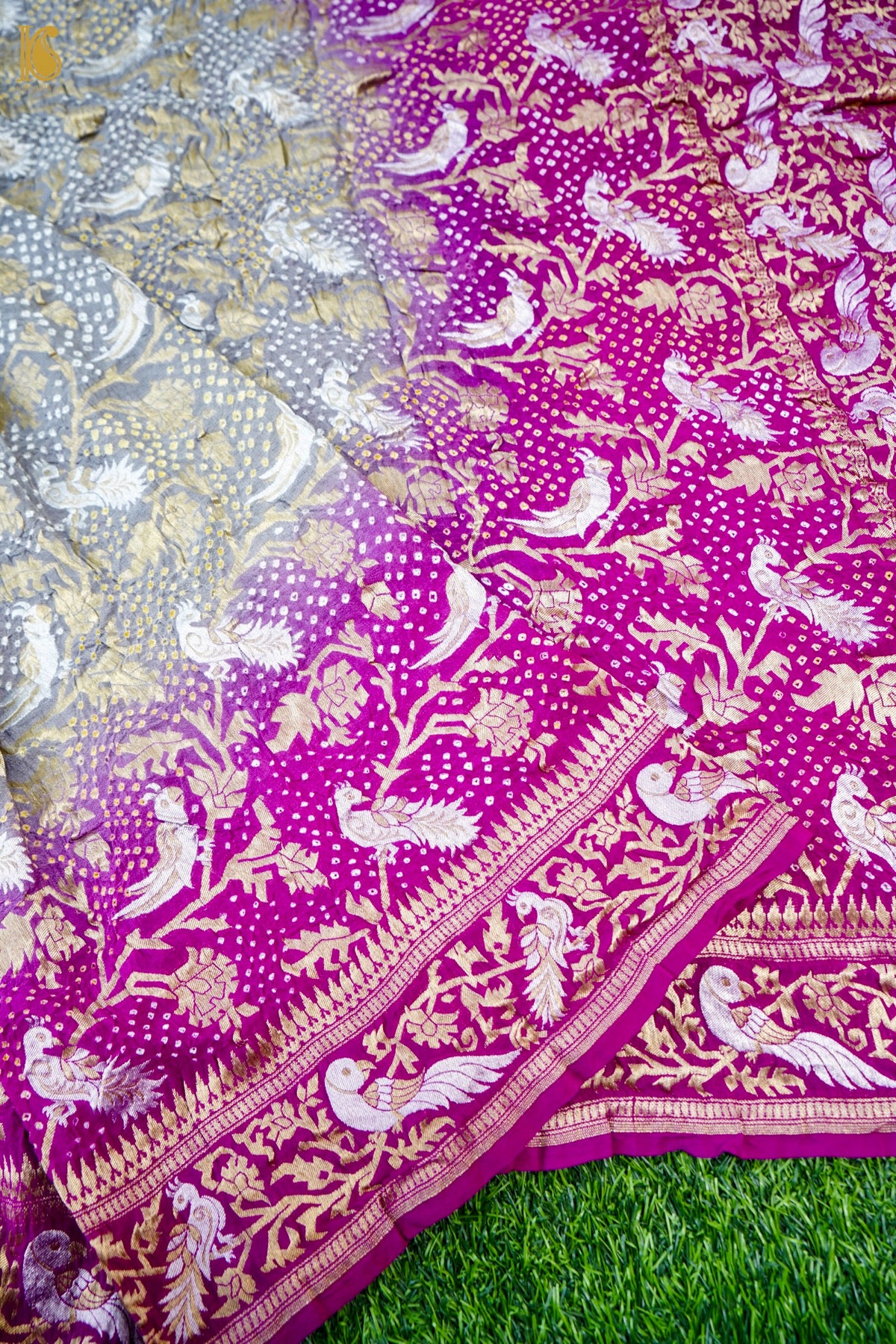 Banarasi Georgette Bandhani Dupatta in Grey and Magenta - Birds of Paradise