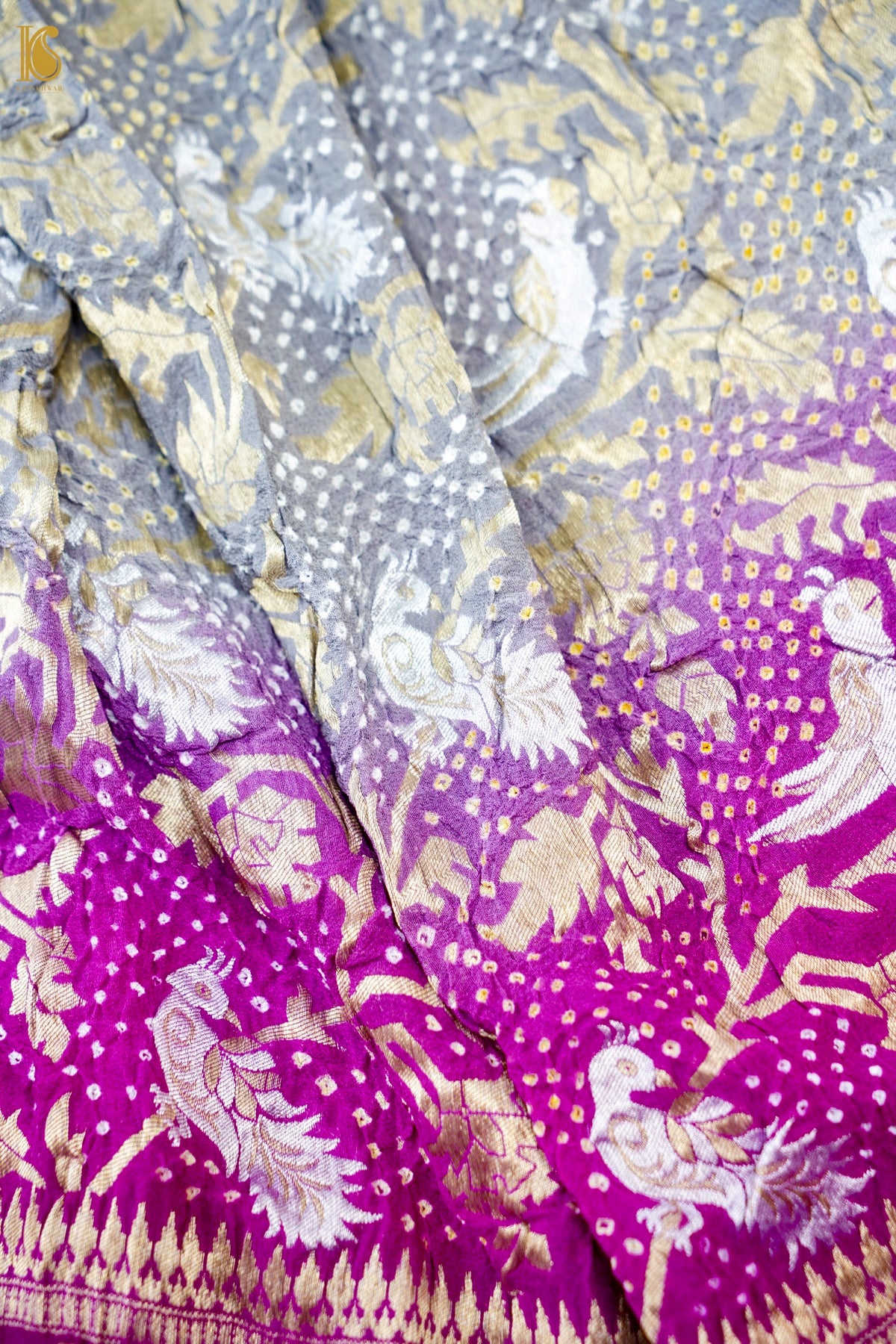 Banarasi Georgette Bandhani Dupatta in Grey and Magenta - Birds of Paradise