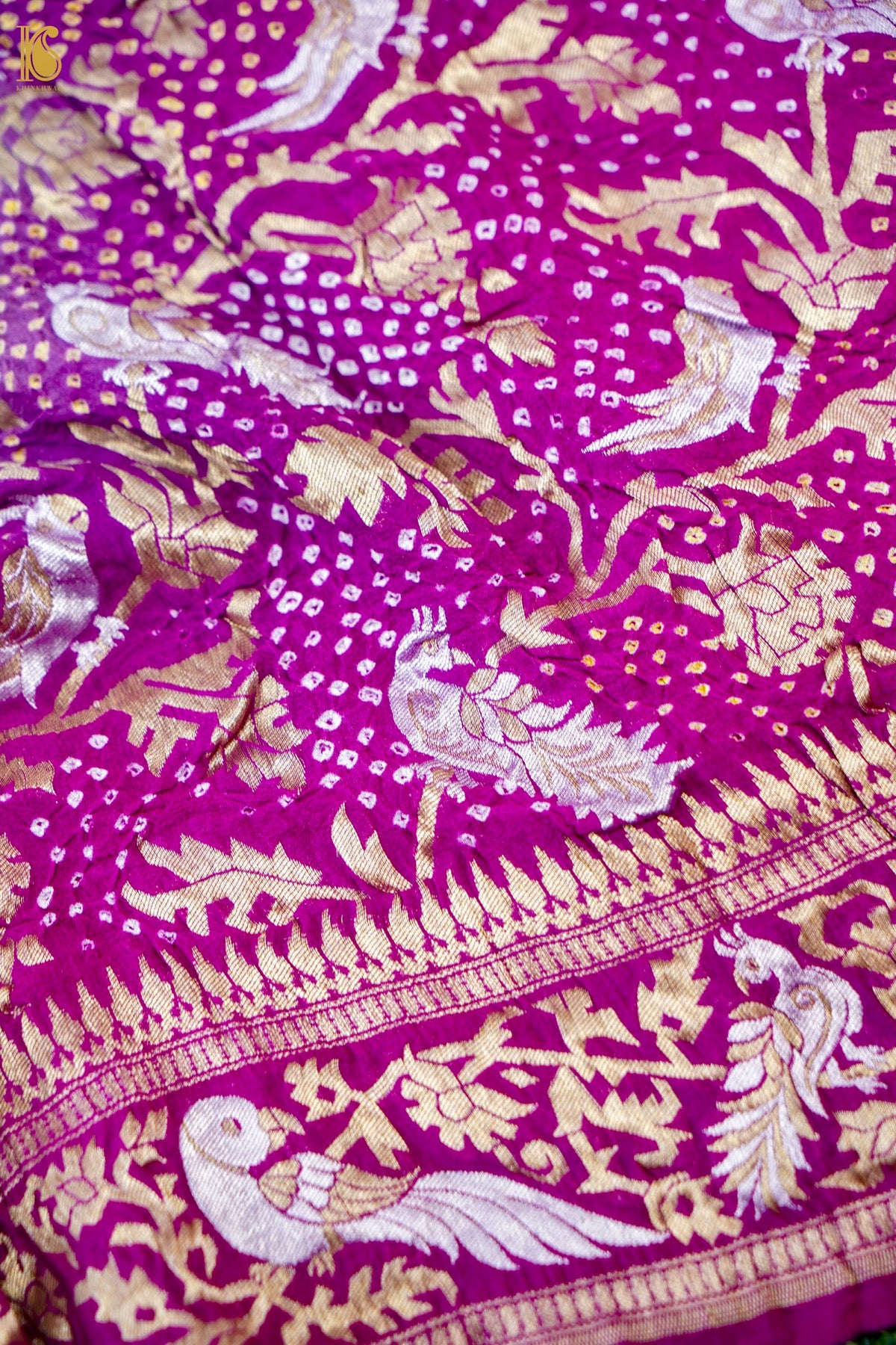 Banarasi Georgette Bandhani Dupatta in Grey and Magenta - Birds of Paradise