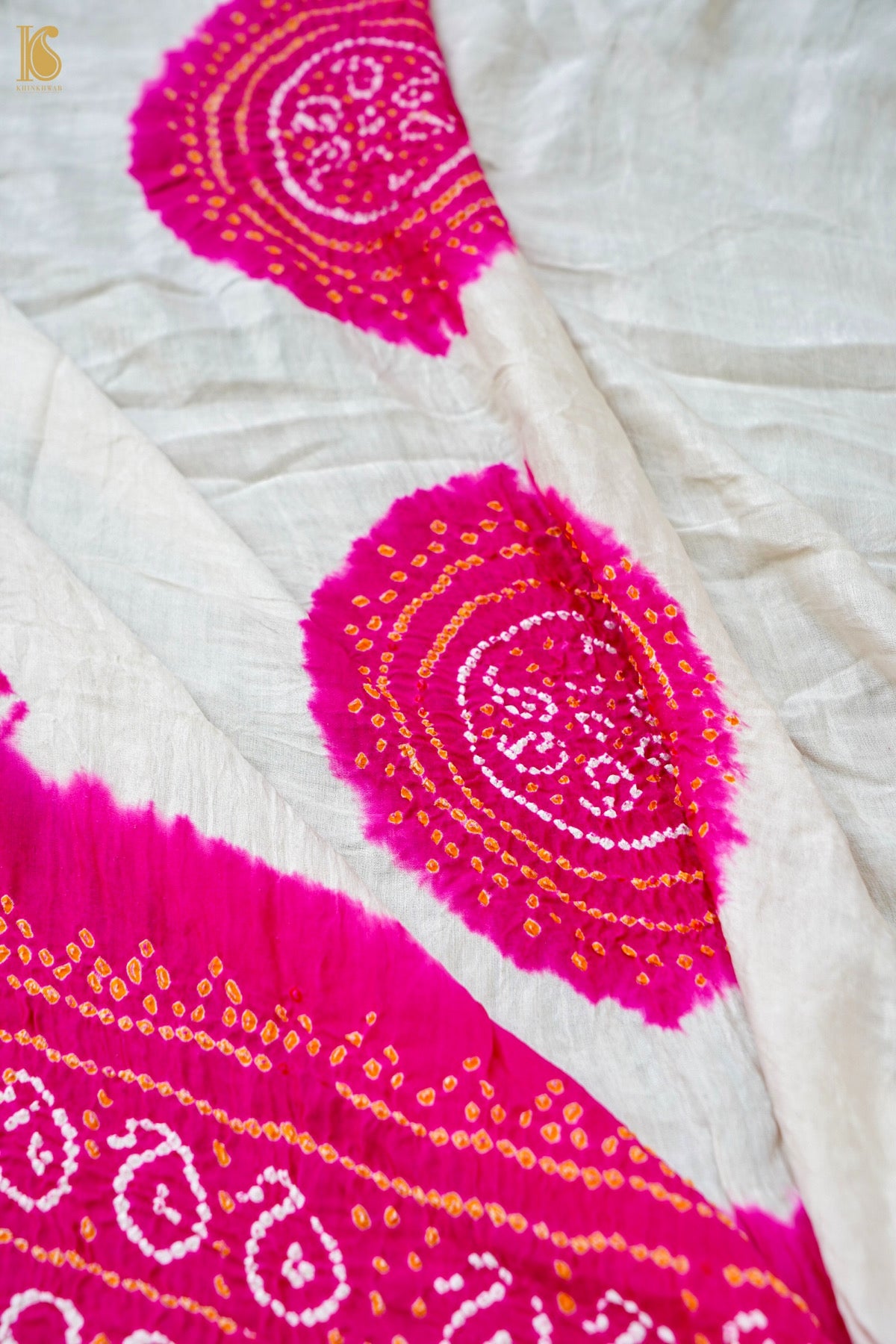 Handwoven Bandhani Gajji Silk Dupatta in Pink & White
