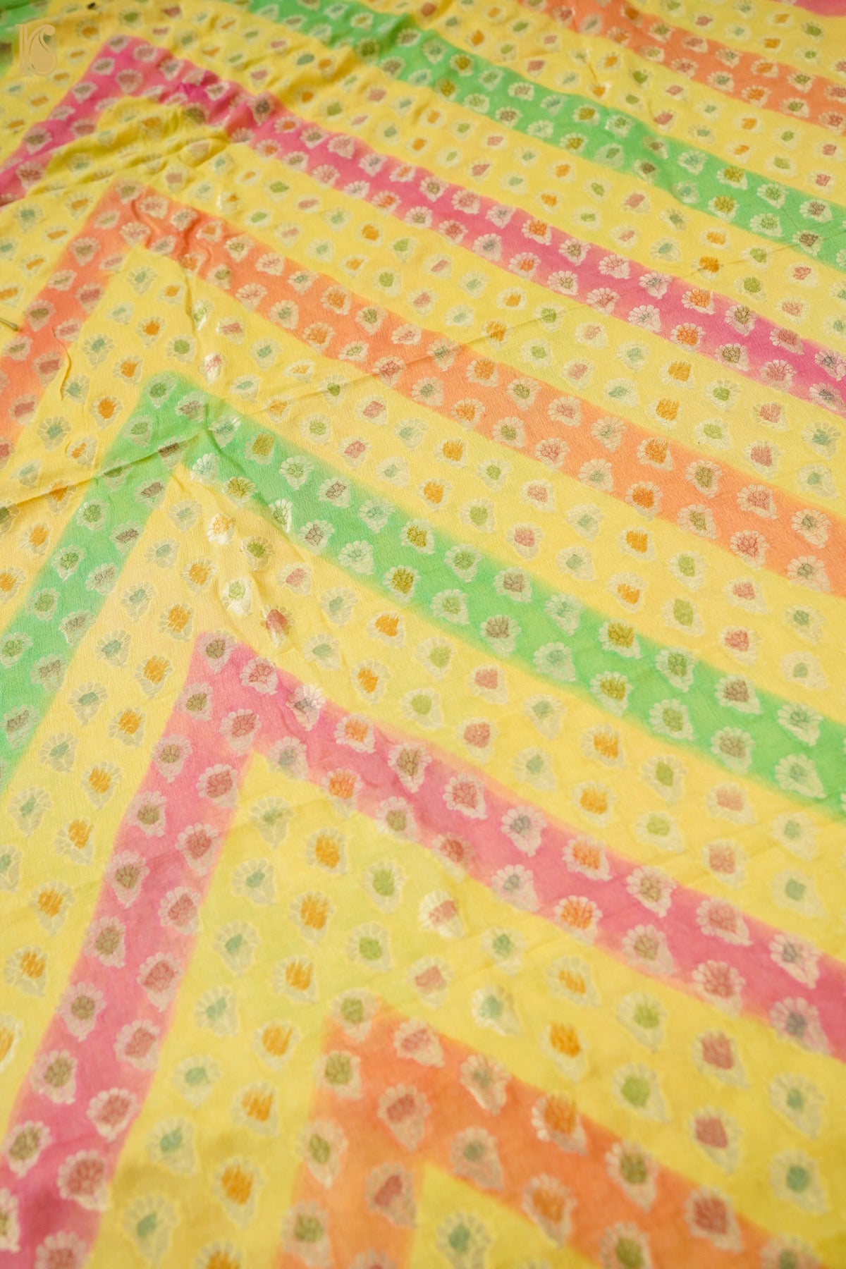 Pure Georgette Leheriya Kurta Fabric in Yellow Multicolour