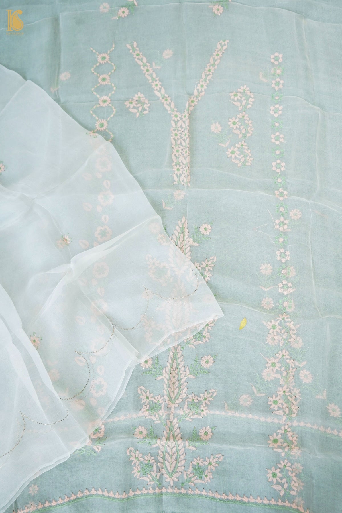 Hand Embroidered Chikankari Organza Kurta Fabric with Dupatta