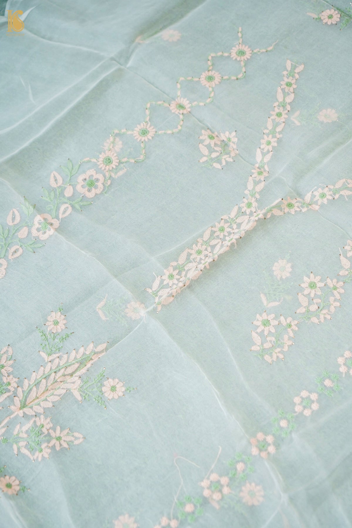 Hand Embroidered Chikankari Organza Kurta Fabric with Dupatta