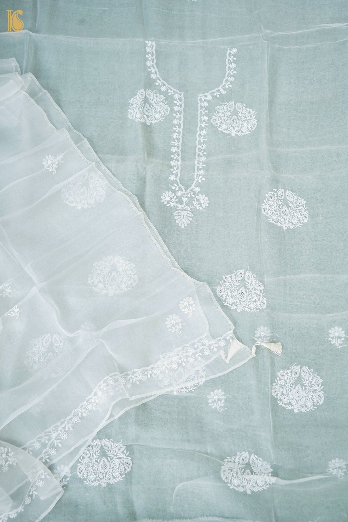 Chikankari Organza Kurta Fabric with Dupatta in White