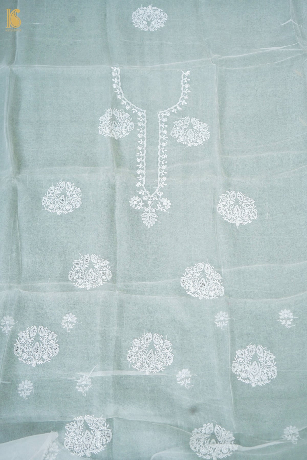 Chikankari Organza Kurta Fabric with Dupatta in White