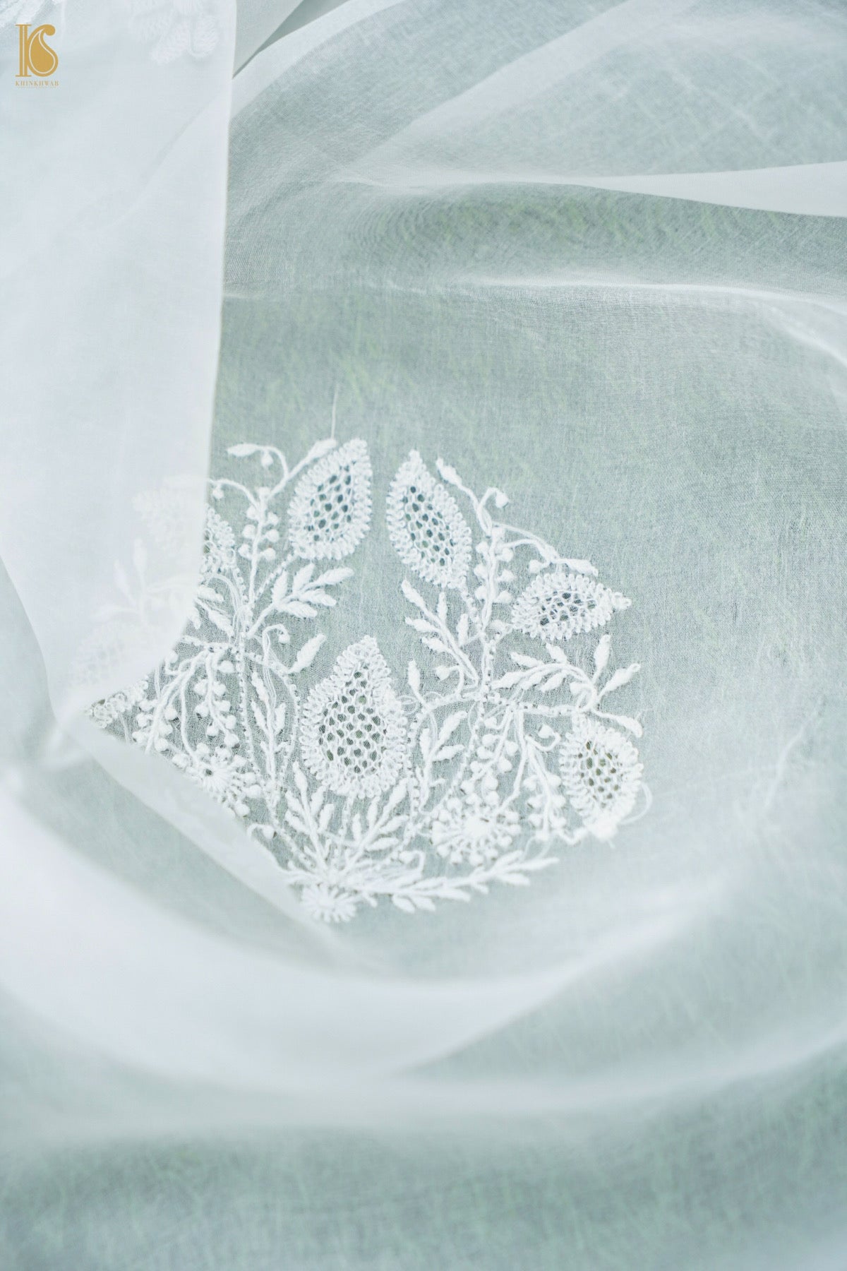 Chikankari Organza Kurta Fabric with Dupatta in White