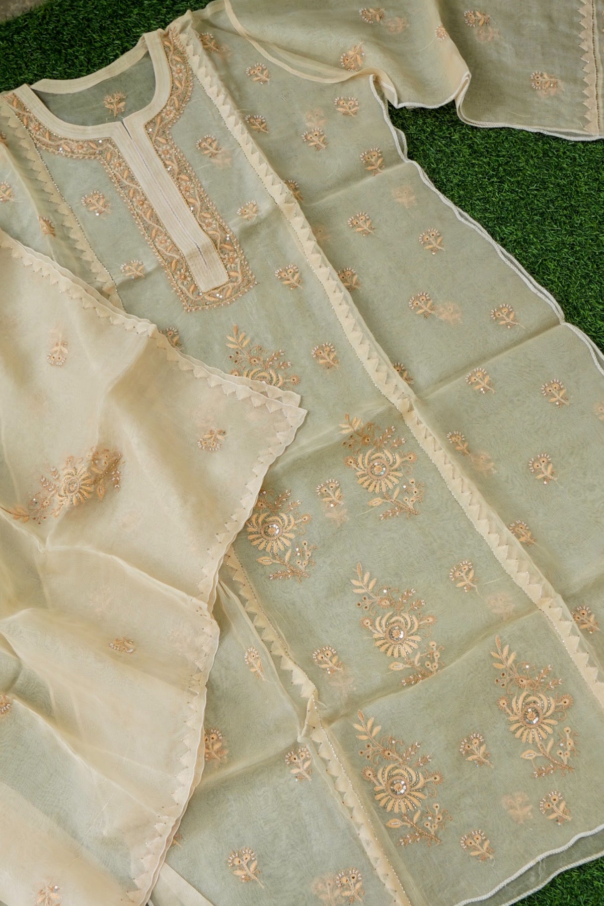Chikankari Organza Kurta with Dupatta in Sage Green