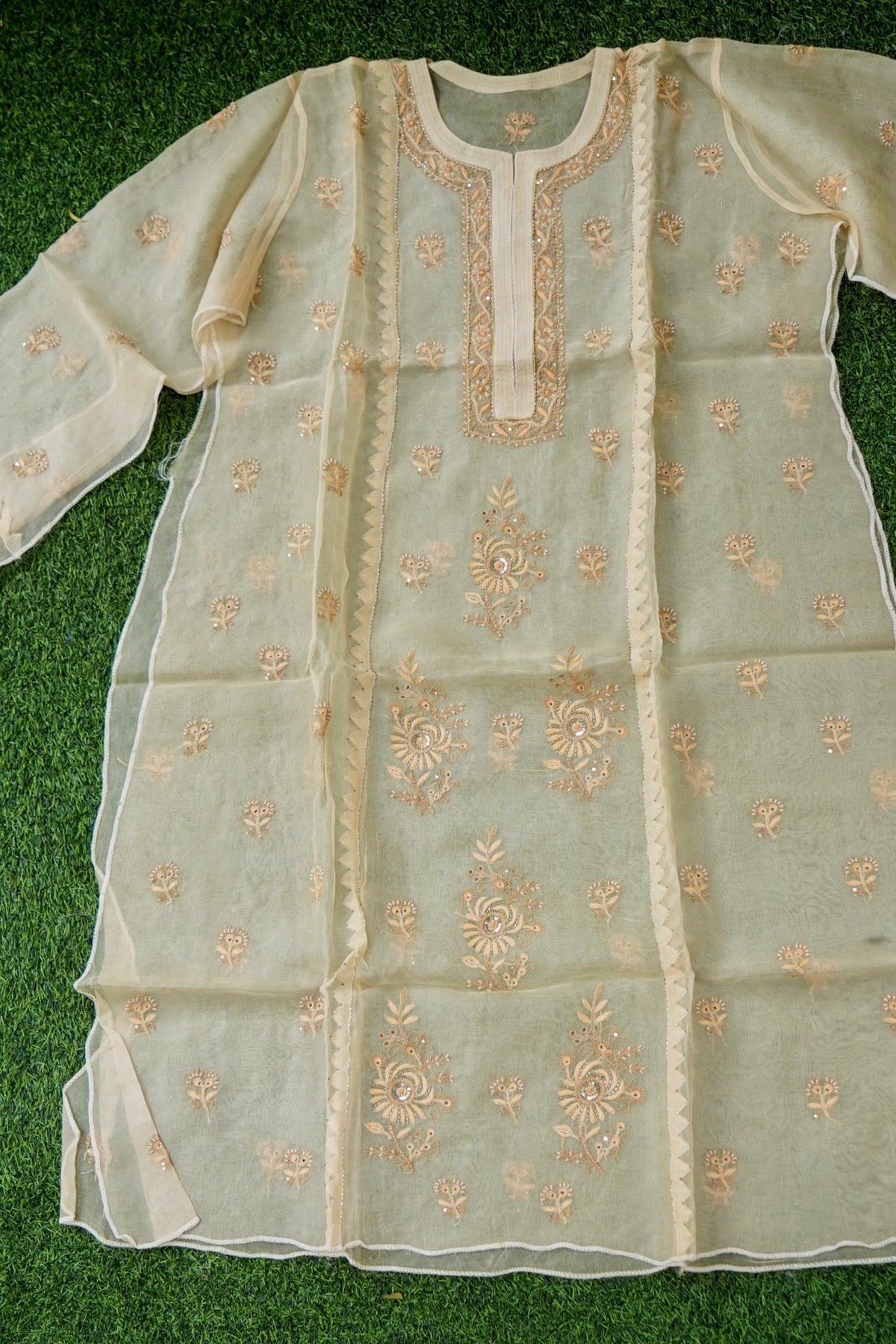 Chikankari Organza Kurta with Dupatta in Sage Green