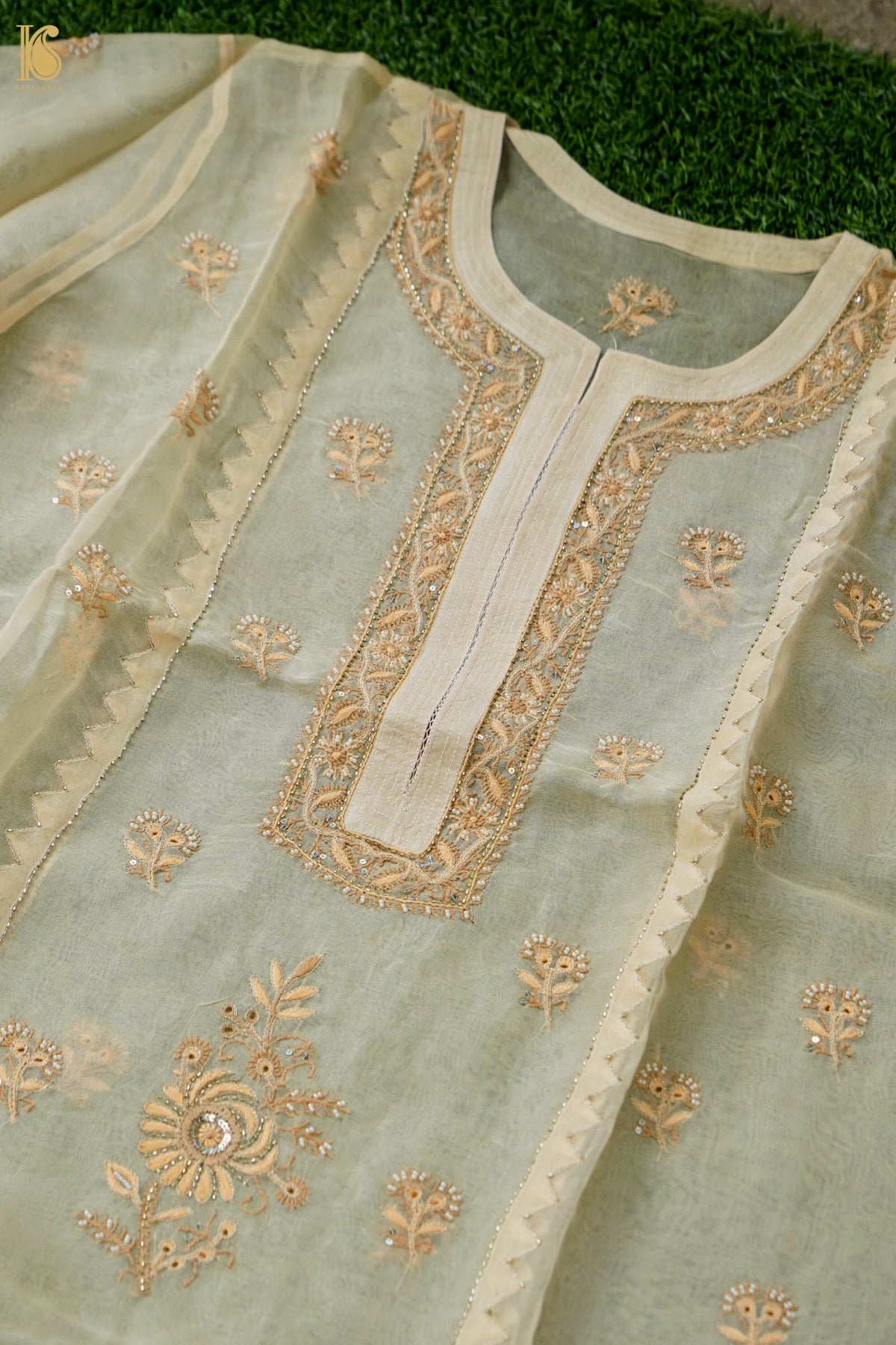 Chikankari Organza Kurta with Dupatta in Sage Green