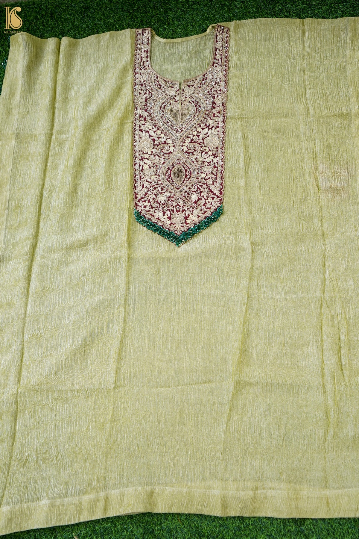 Crushed Tissue Silk Stitched Kaftan in Olive Green with Embroidered Panel