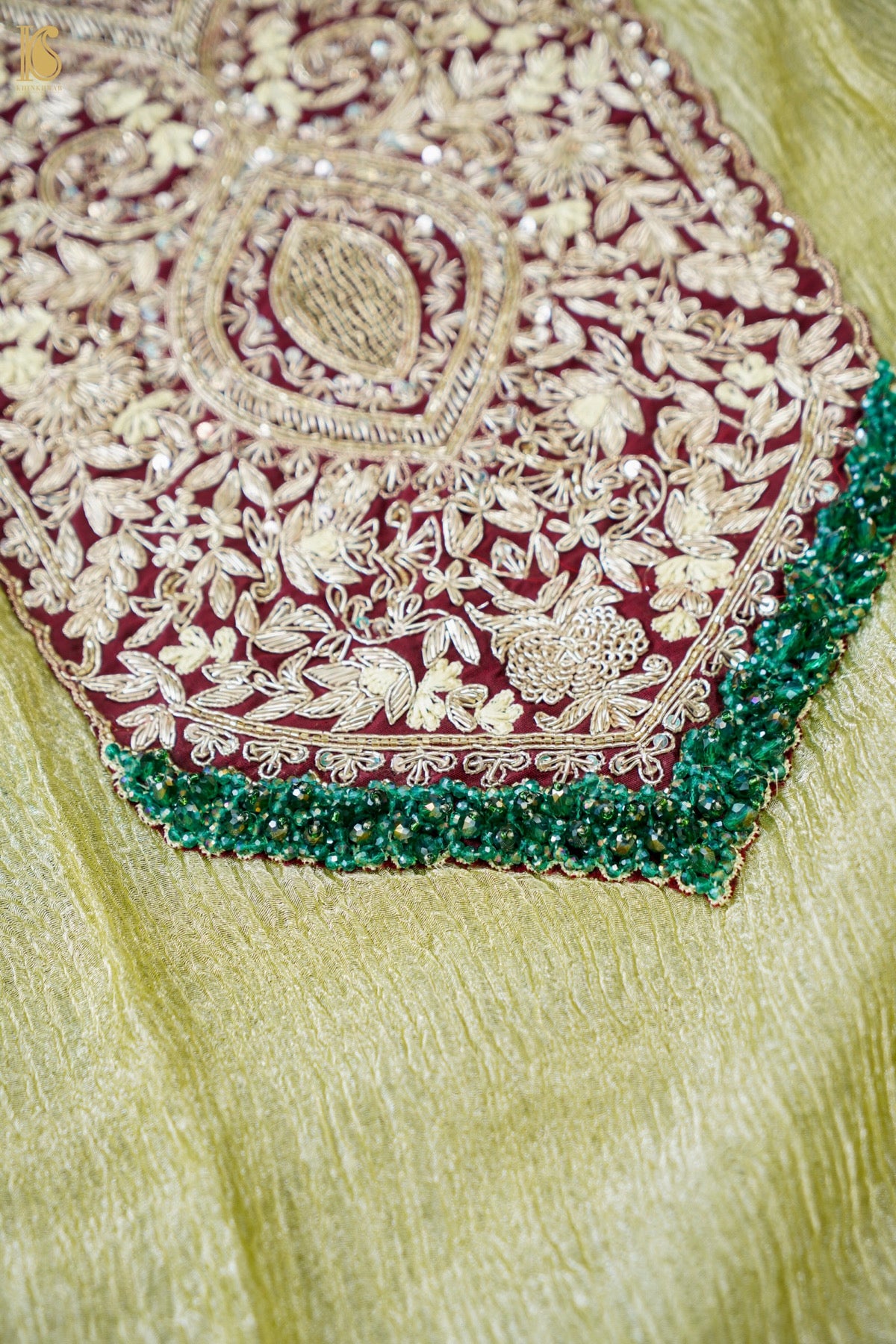 Crushed Tissue Silk Stitched Kaftan in Olive Green with Embroidered Panel