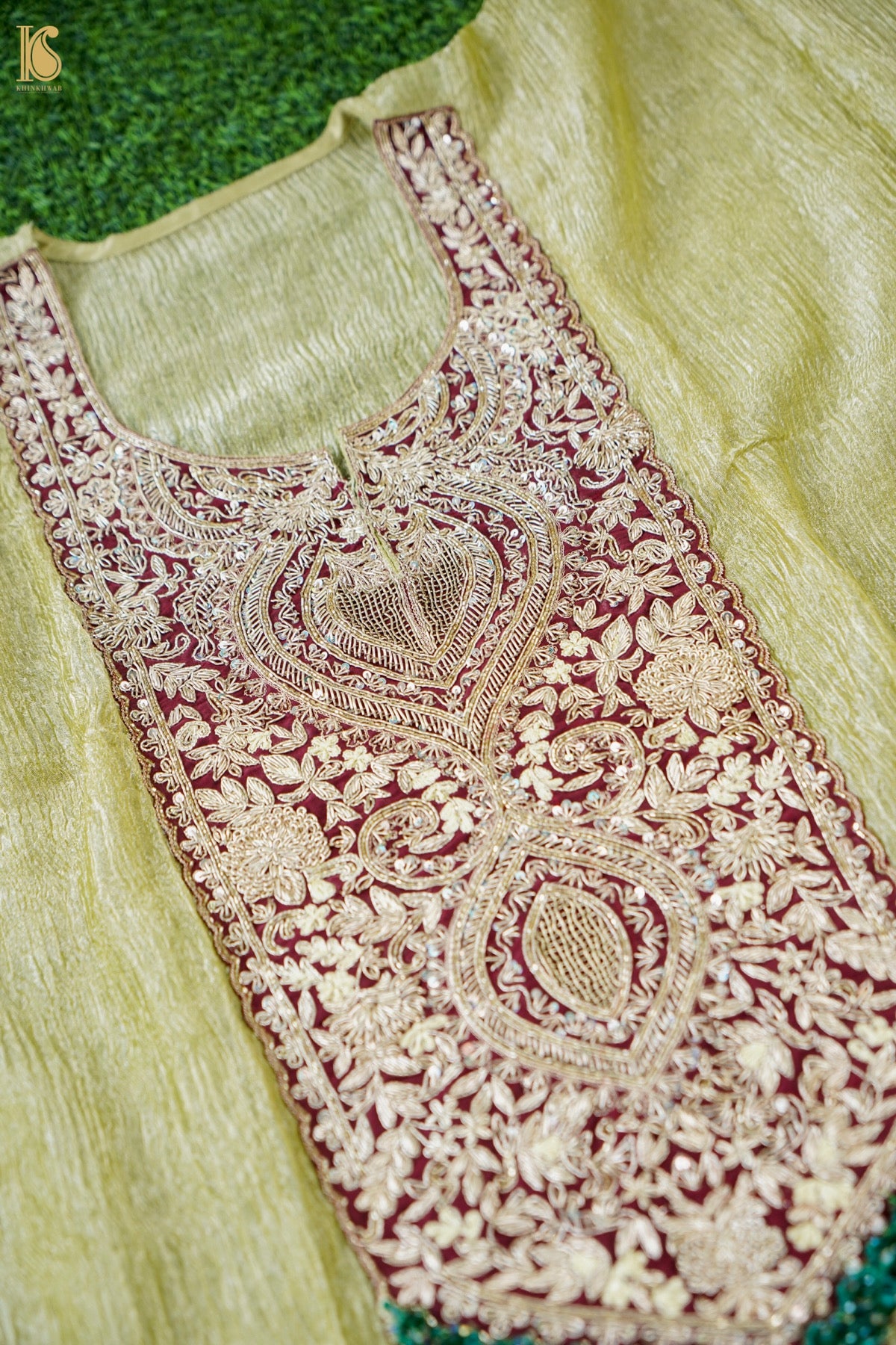 Crushed Tissue Silk Stitched Kaftan in Olive Green with Embroidered Panel