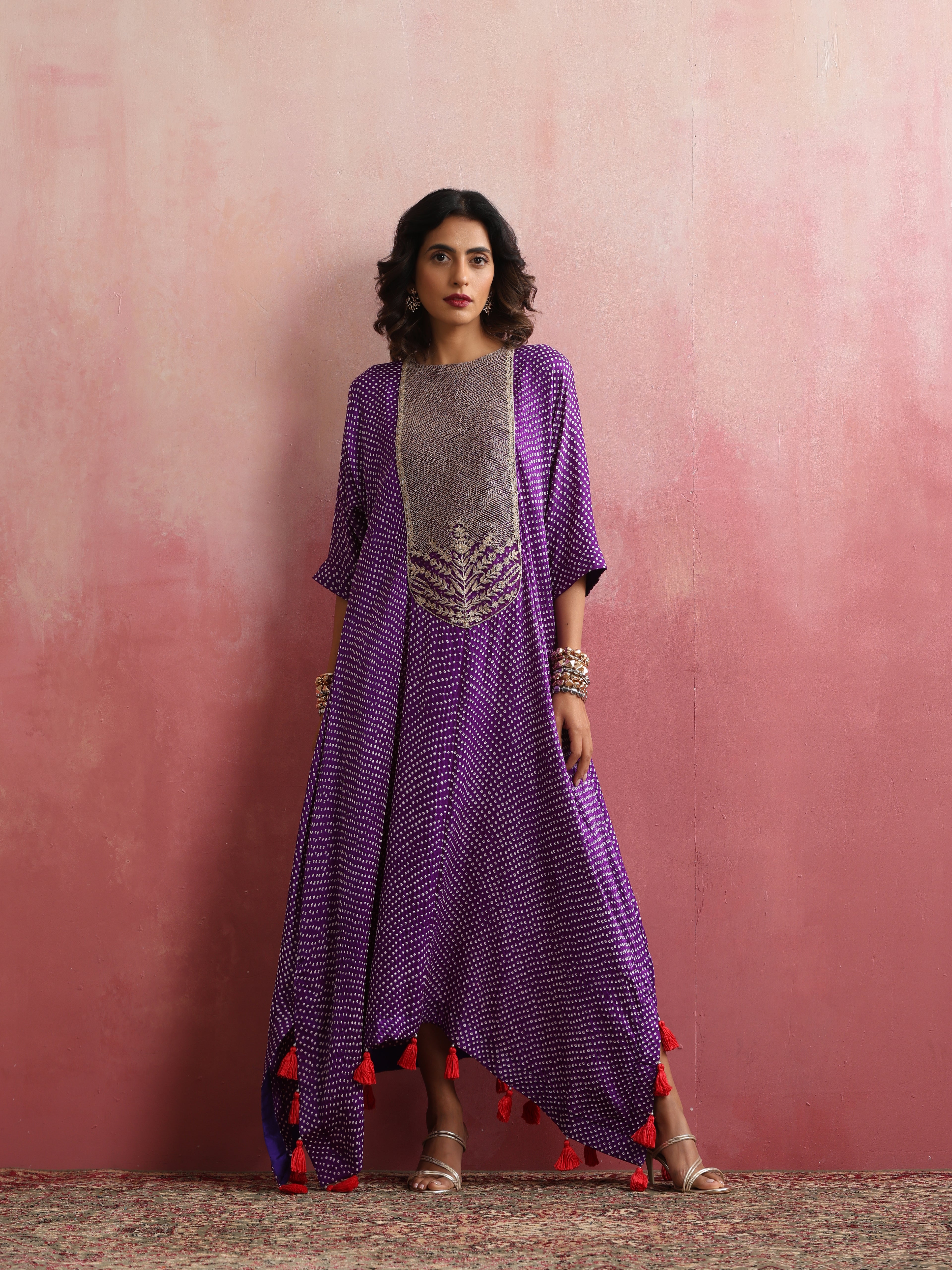 Gajji Silk Bandhani Aari Stitched Kaftan in Royal Purple