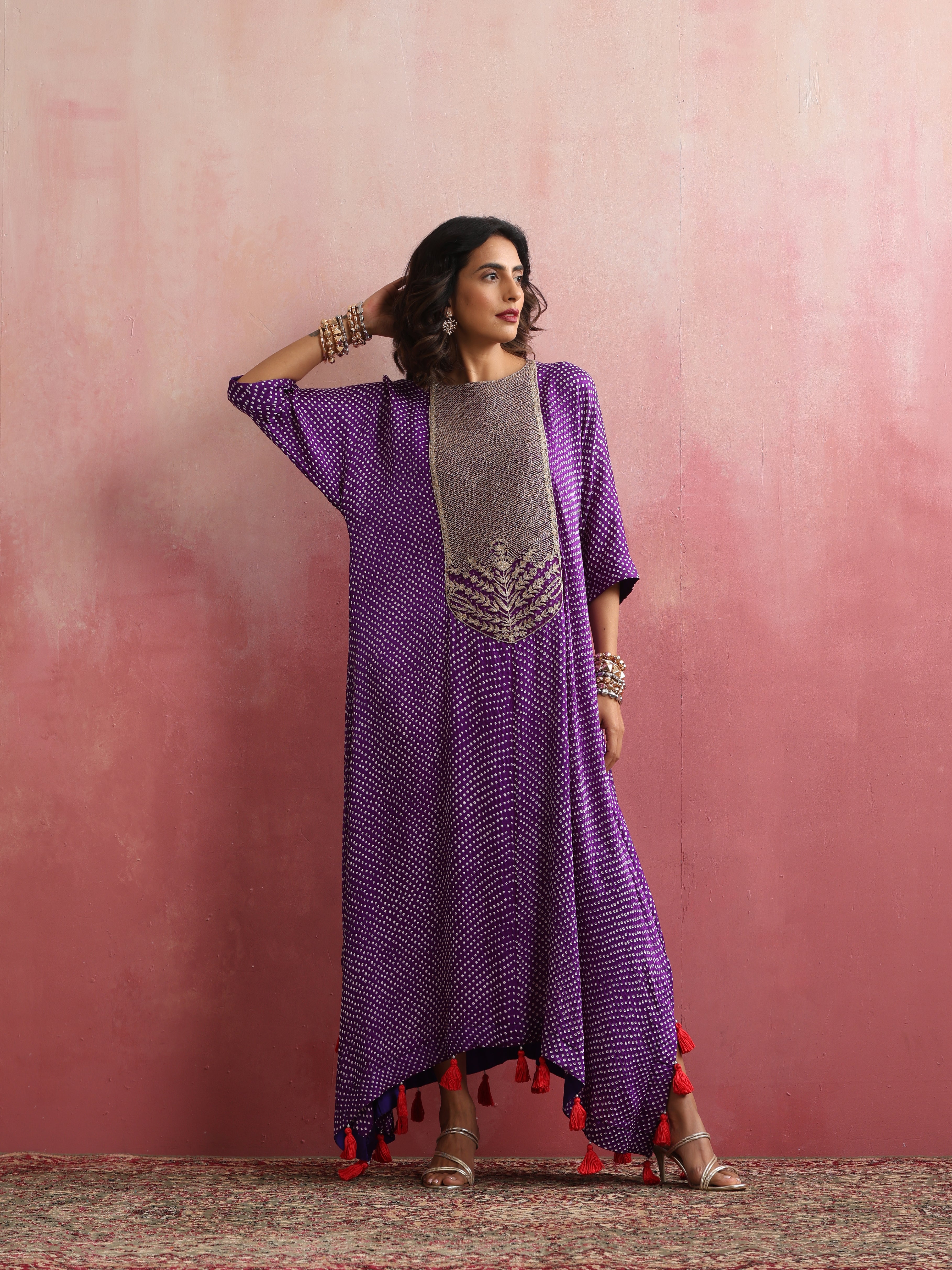 Gajji Silk Bandhani Aari Stitched Kaftan in Royal Purple