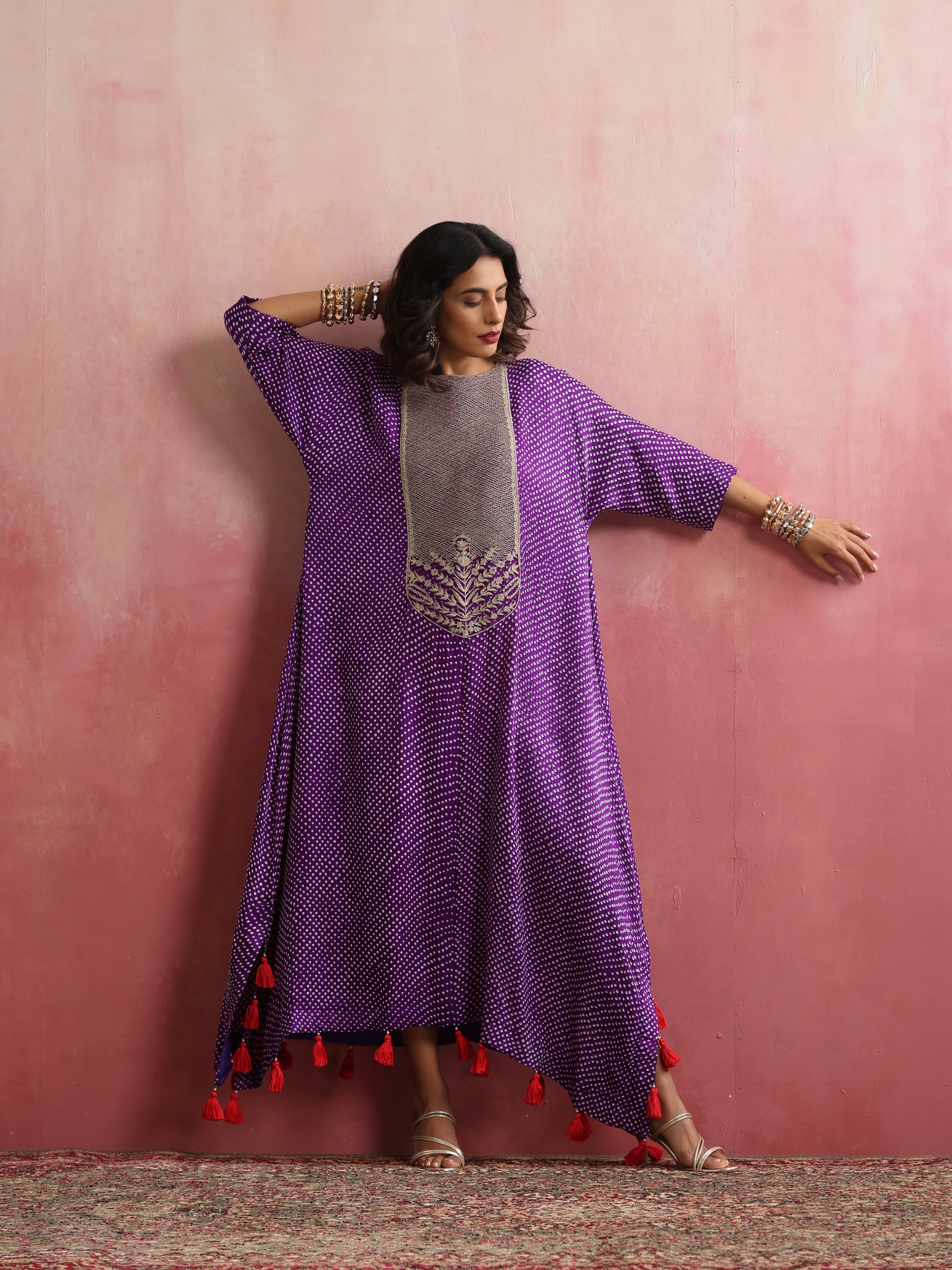 Gajji Silk Bandhani Aari Stitched Kaftan in Royal Purple