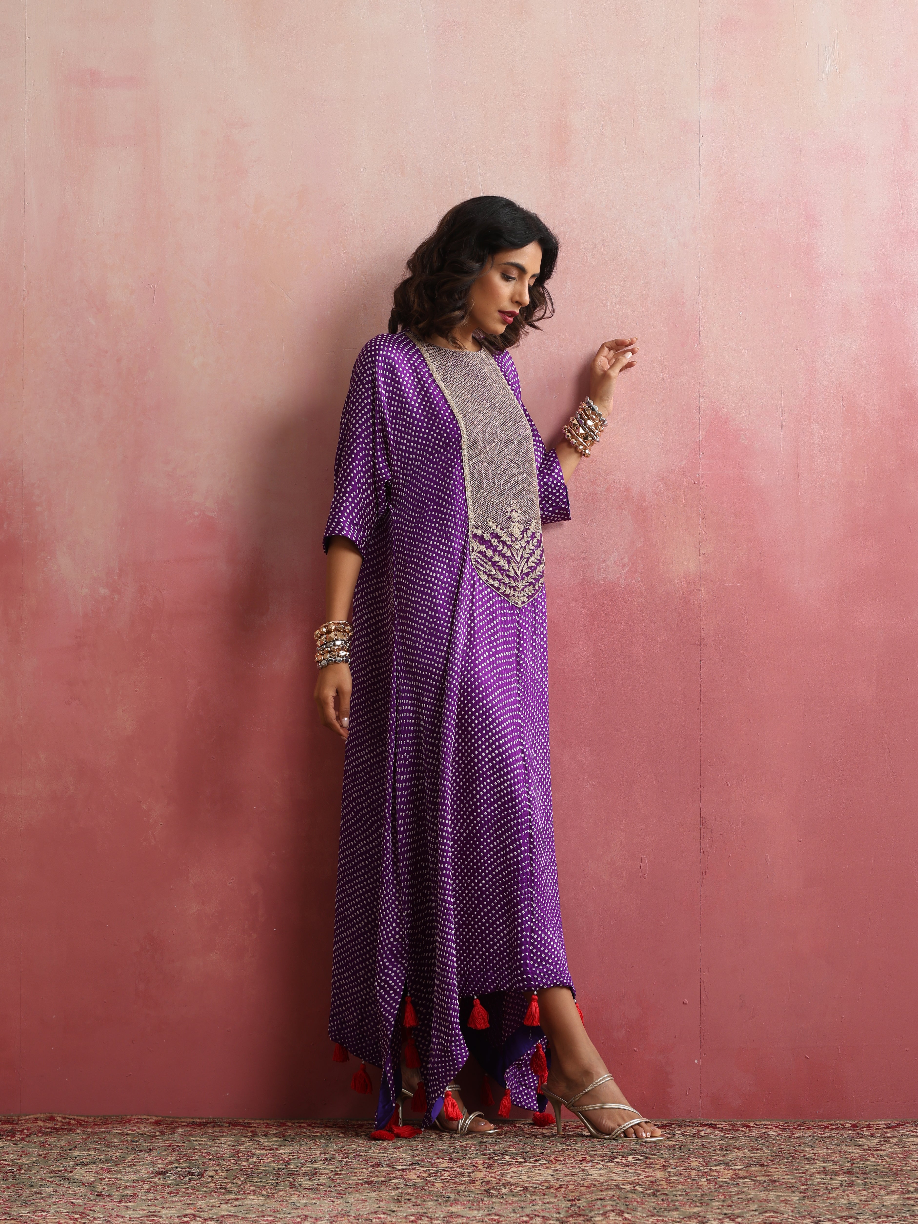 Gajji Silk Bandhani Aari Stitched Kaftan in Royal Purple
