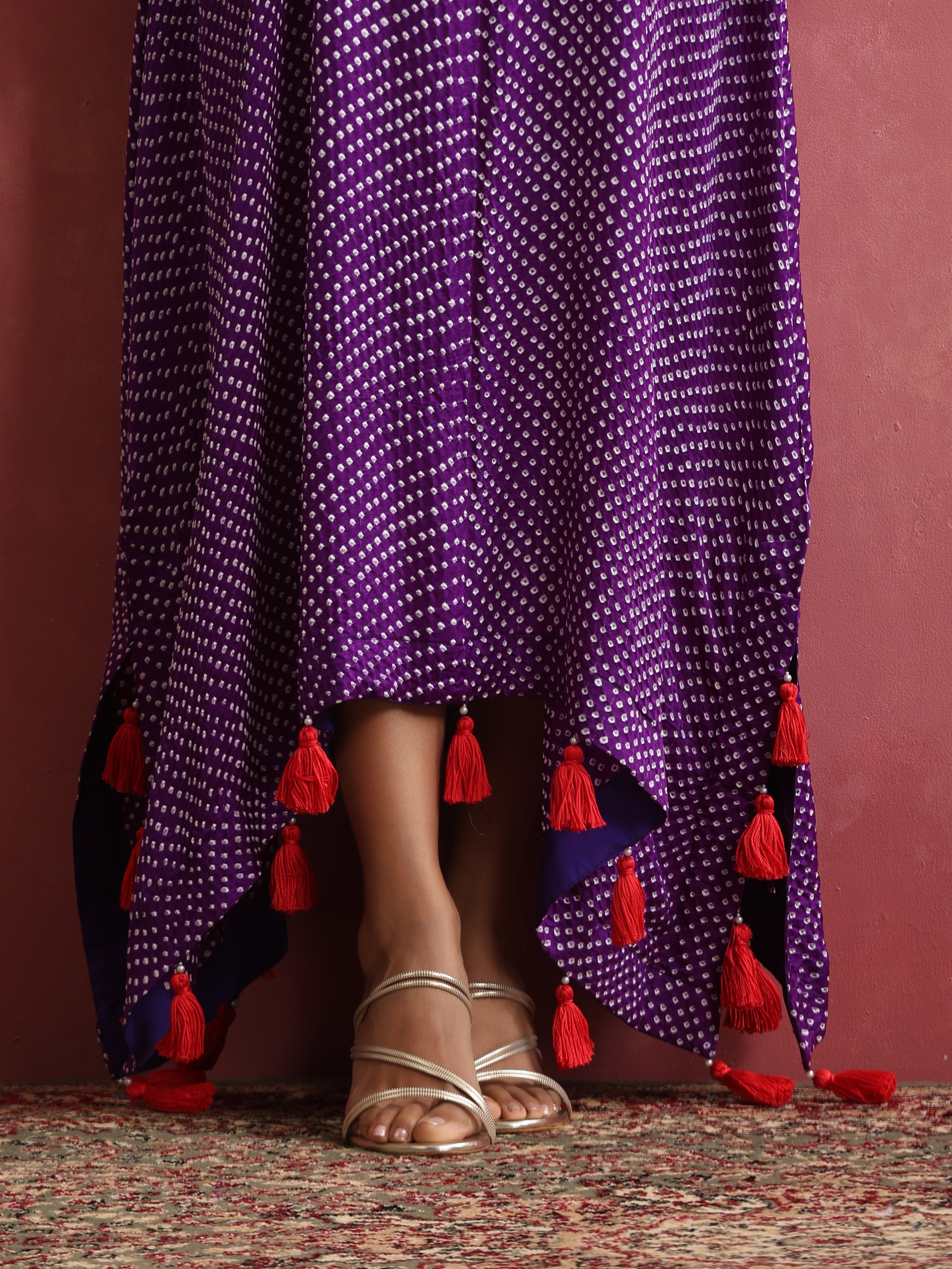 Gajji Silk Bandhani Aari Stitched Kaftan in Royal Purple