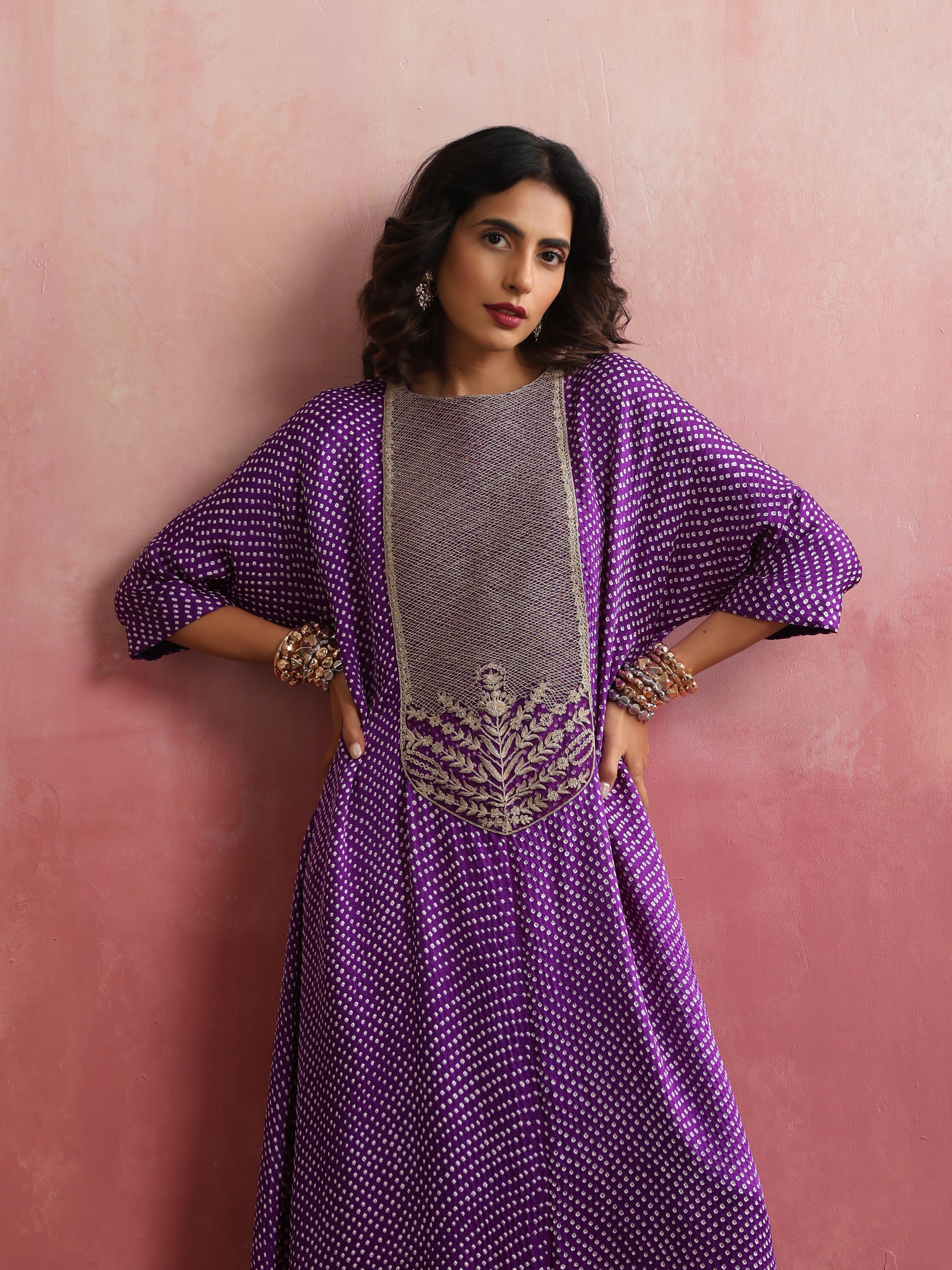 Gajji Silk Bandhani Aari Stitched Kaftan in Royal Purple