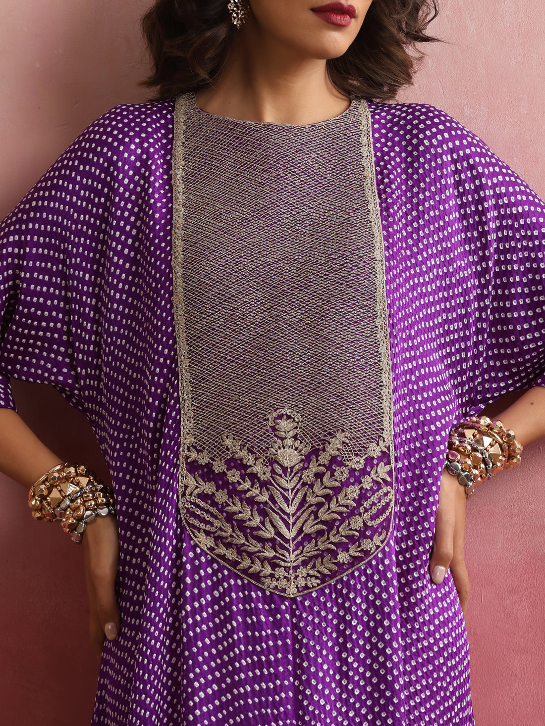 Gajji Silk Bandhani Aari Stitched Kaftan in Royal Purple