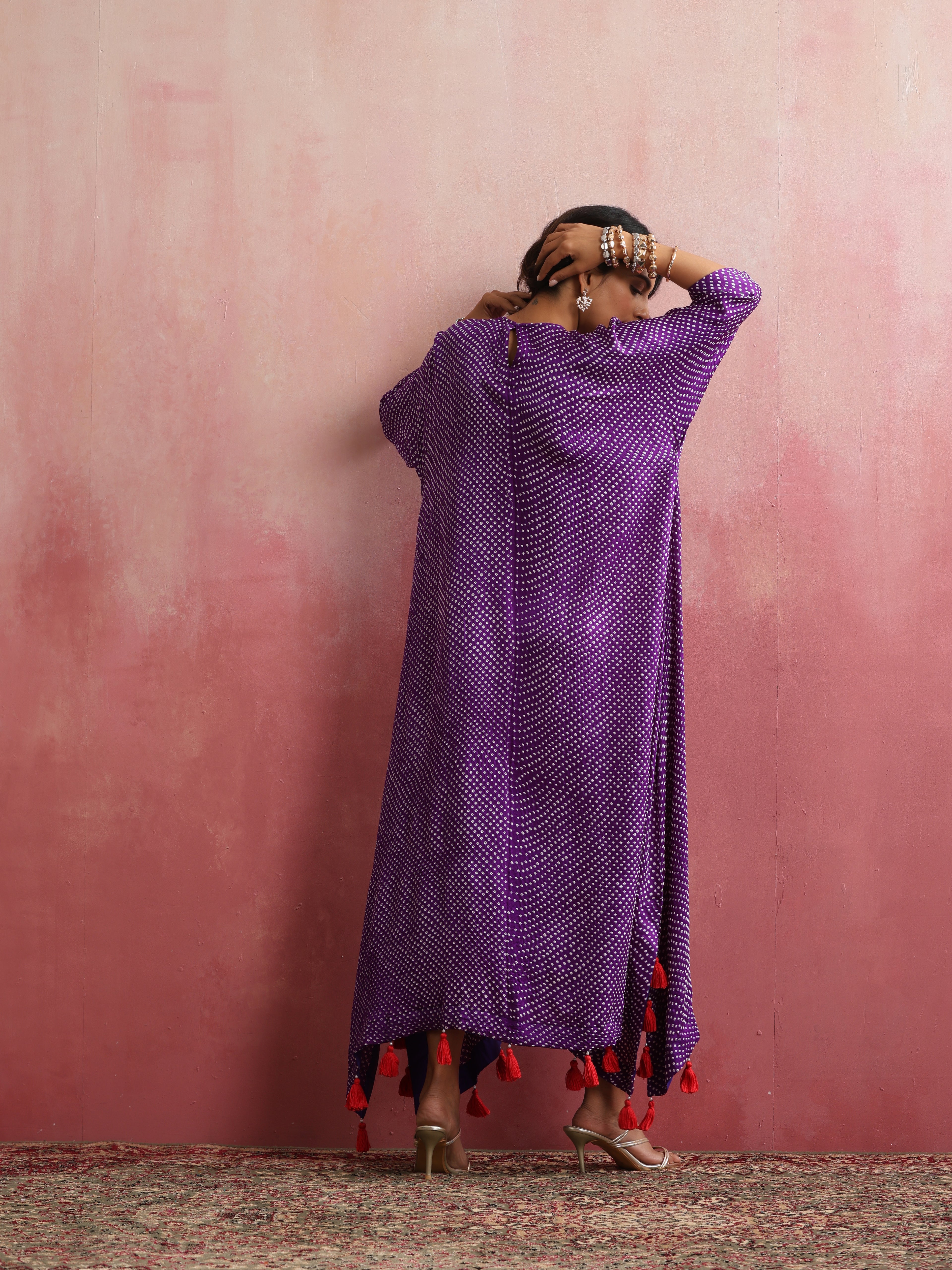 Gajji Silk Bandhani Aari Stitched Kaftan in Royal Purple